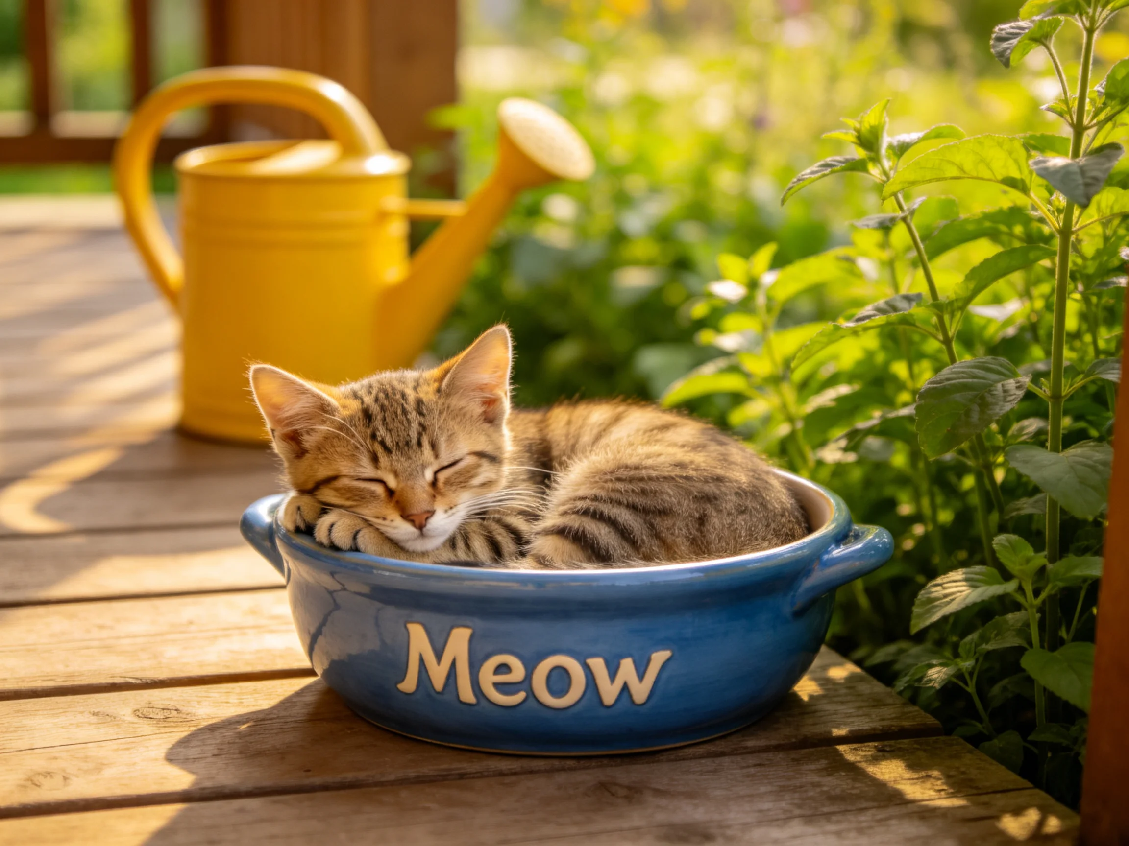 短毛虎斑猫在蓝色搪瓷缸内休息,其虎斑纹毛发柔软,处于阳光照射的环境中。
