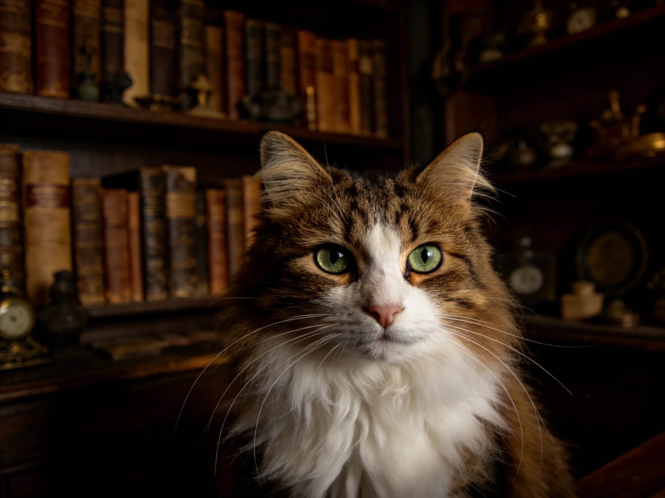 一只长毛虎斑猫,拥有绿色眼睛和棕白相间的皮毛,安静地坐在摆满旧书的书架前。