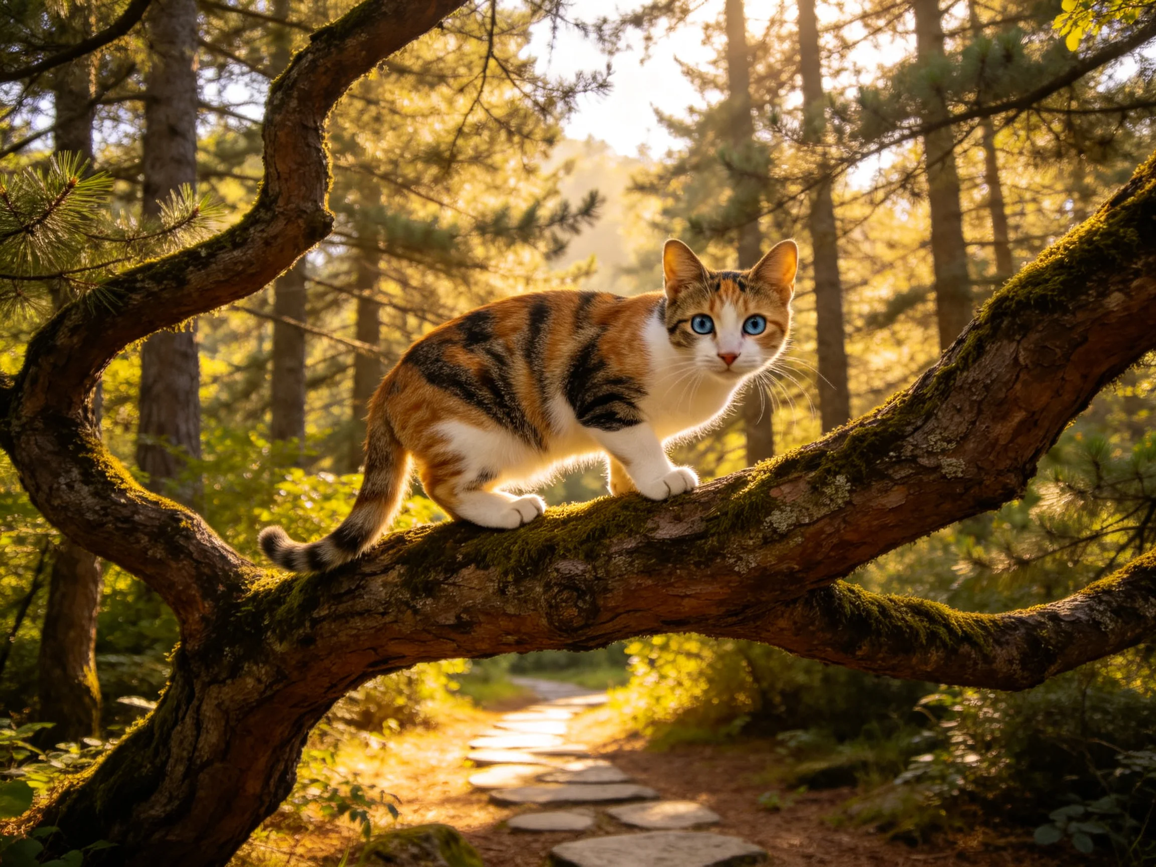 三色短毛家猫站在长满青苔的森林树枝上,拥有橙黑白相间的毛发和蓝色眼睛。