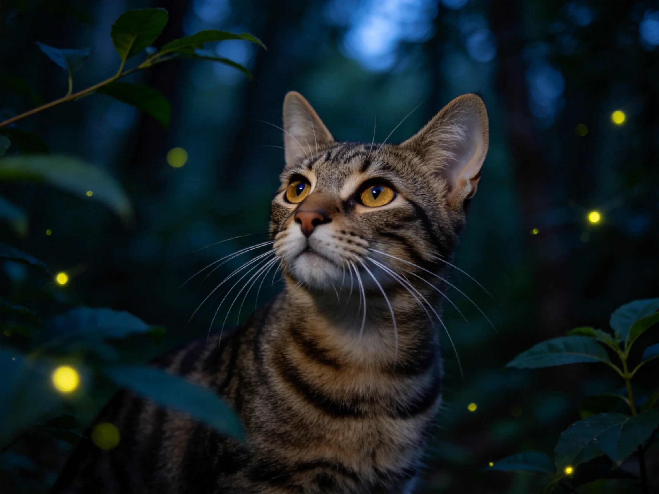 短毛虎斑猫注视着空中闪烁的萤火虫,黄色眼睛明亮,身上虎斑纹路清晰可见。