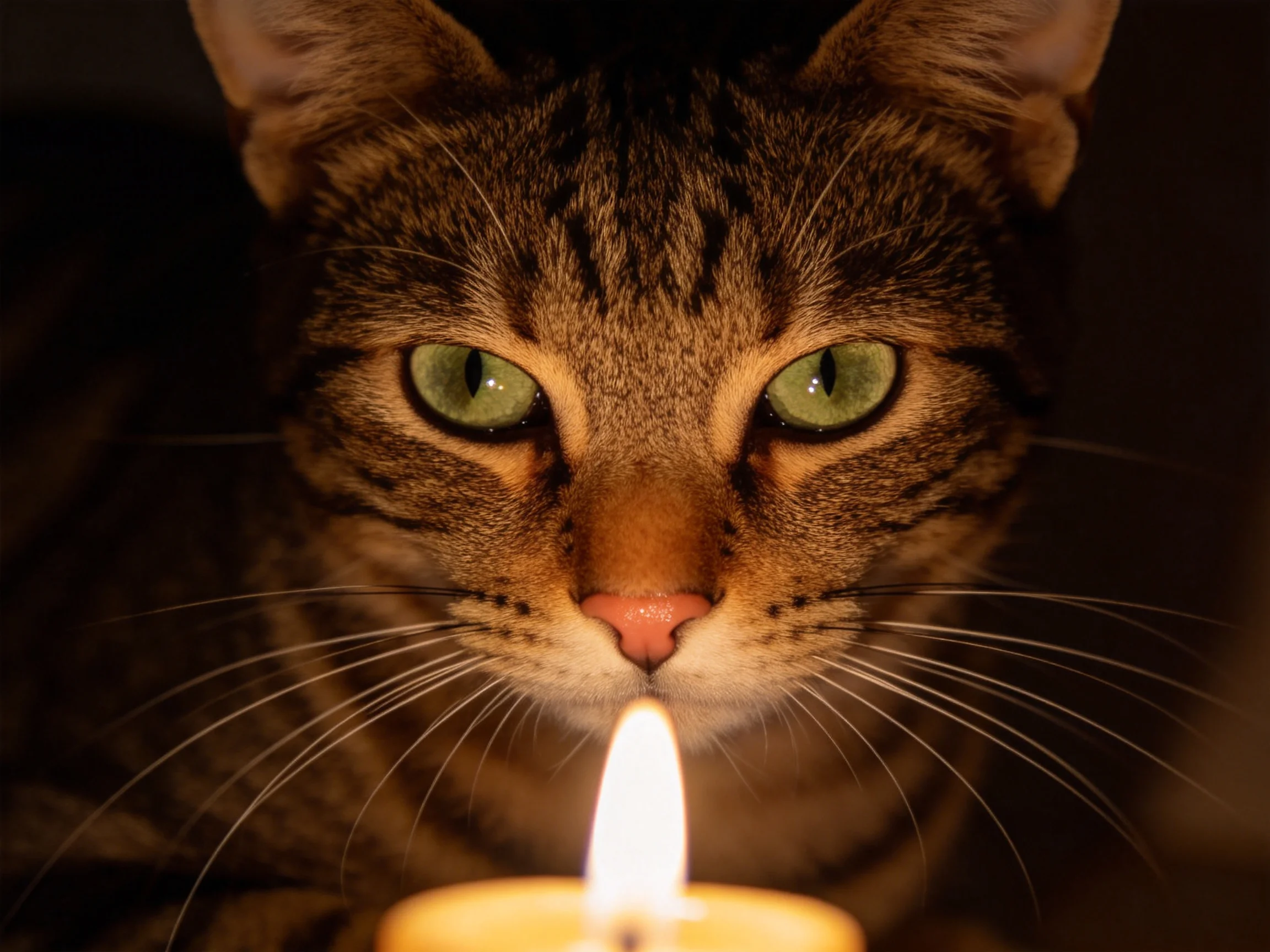 短毛虎斑猫注视着烛火，绿色眼睛明亮，面部有典型的虎斑纹路。