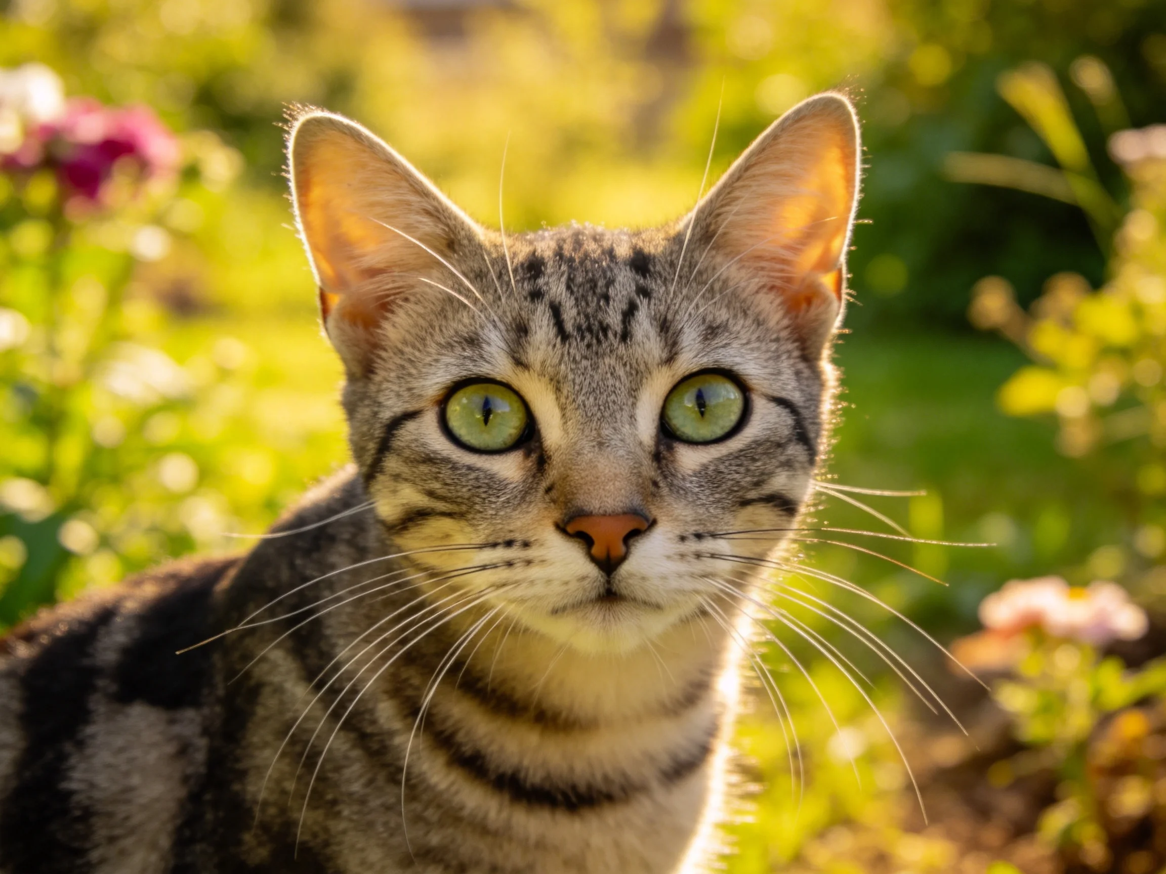 一只短毛虎斑猫拥有绿色眼睛,正安静地注视着镜头,其皮毛带有典型虎斑纹路。