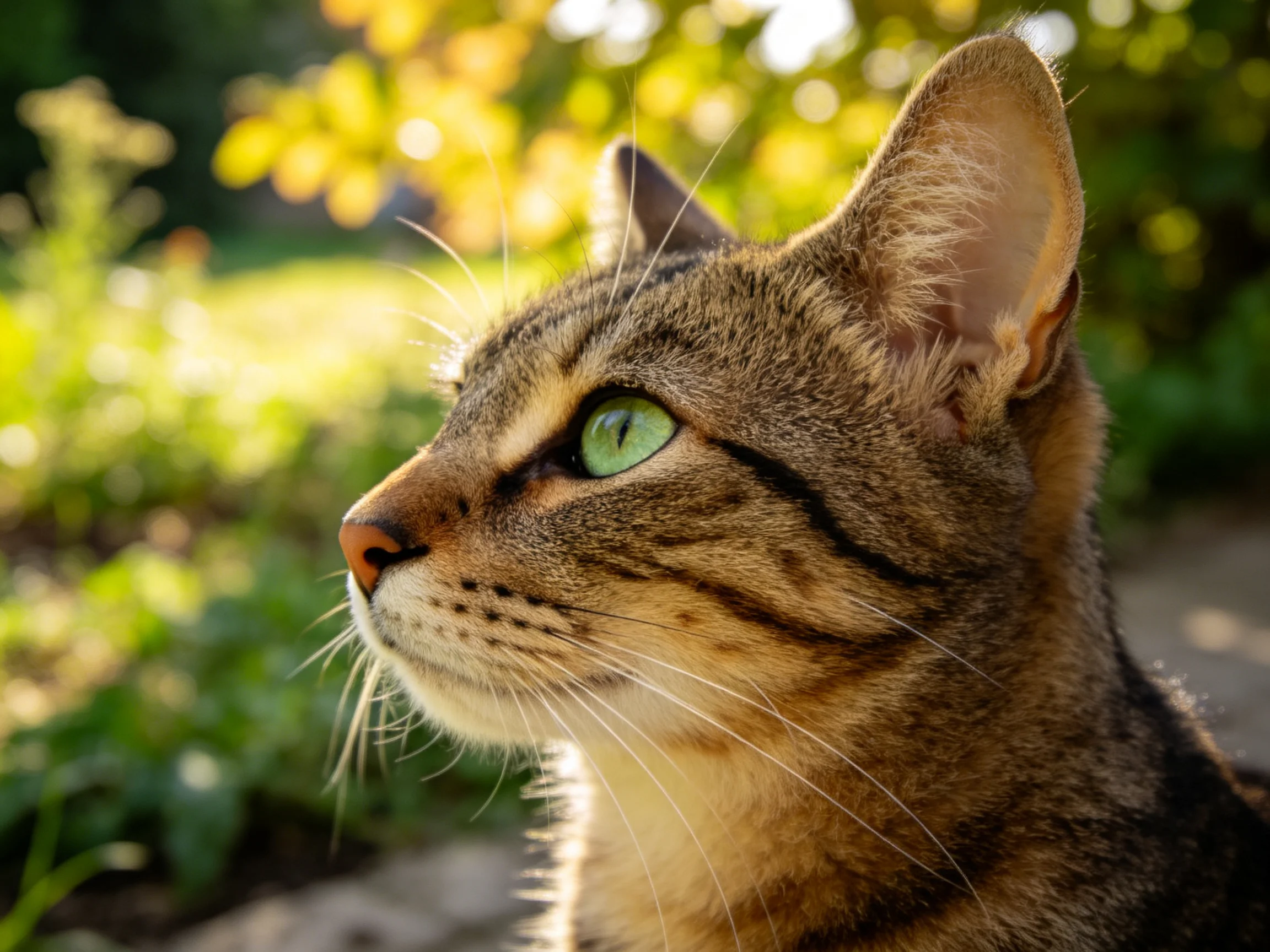 一只短毛虎斑猫,拥有绿色眼睛和典型虎斑纹,正凝视着阳光明媚的花园景象。