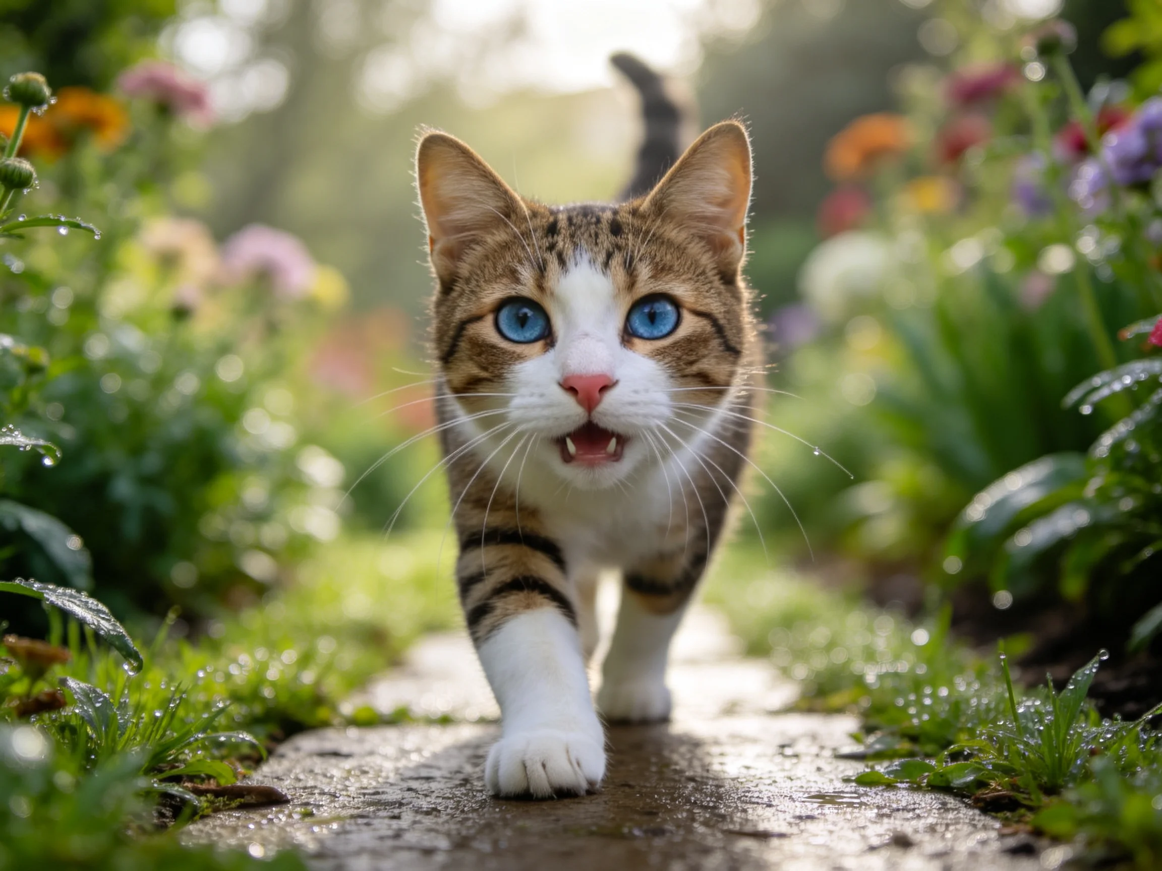 短毛虎斑猫正向前行走,其蓝色眼睛明亮,白色前爪柔软温润。