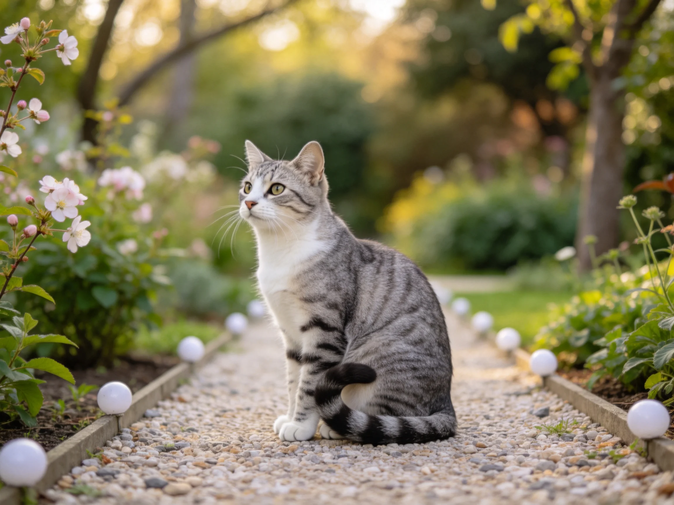 灰虎斑短毛猫安静地坐着,身上清晰的虎斑花纹和白色的胸部在阳光下显得格外明显。