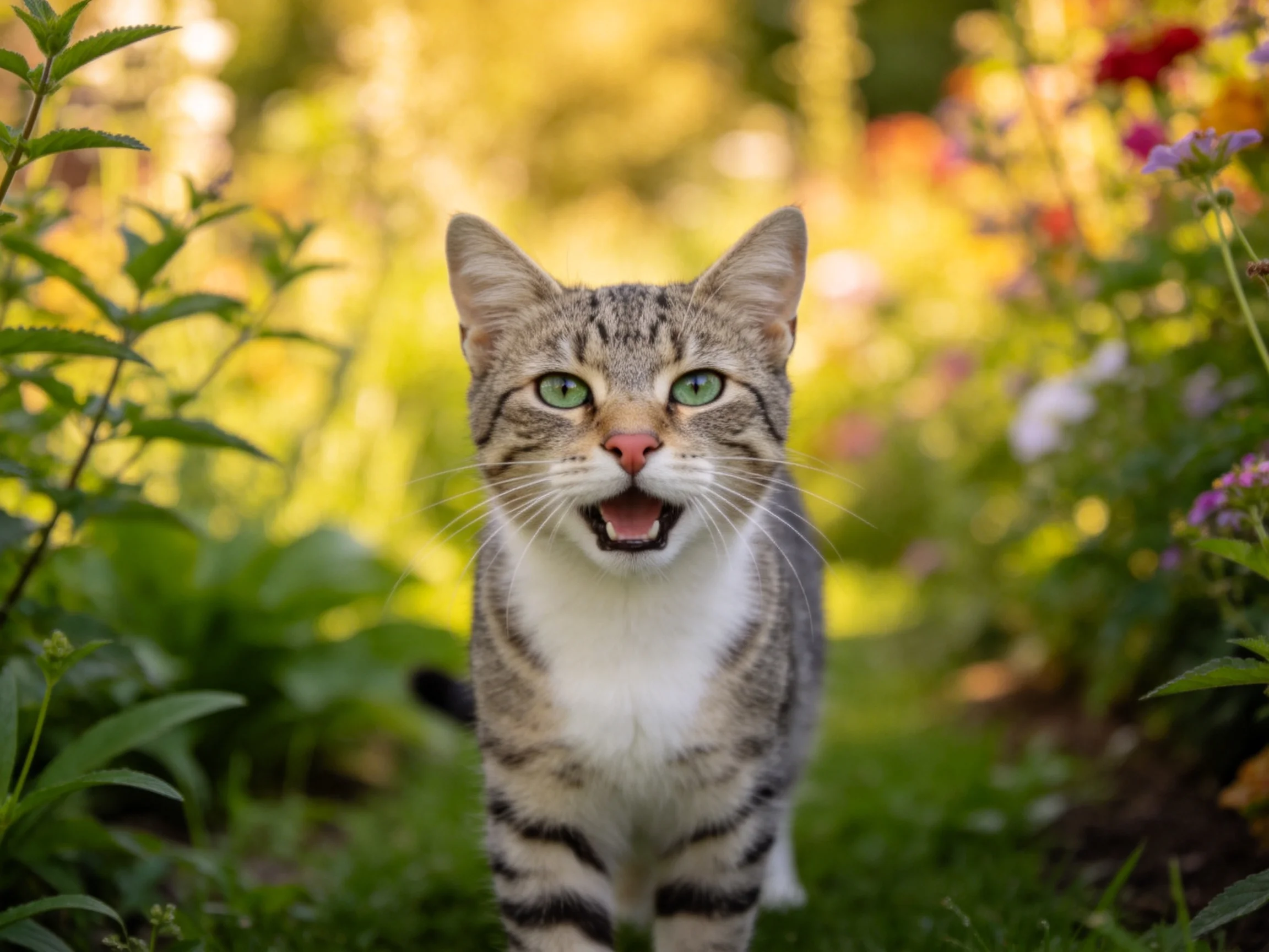 一只短毛家猫,拥有灰褐相间的斑纹和明亮的绿色眼睛,正站在花草繁茂的花园中,嘴巴微张。