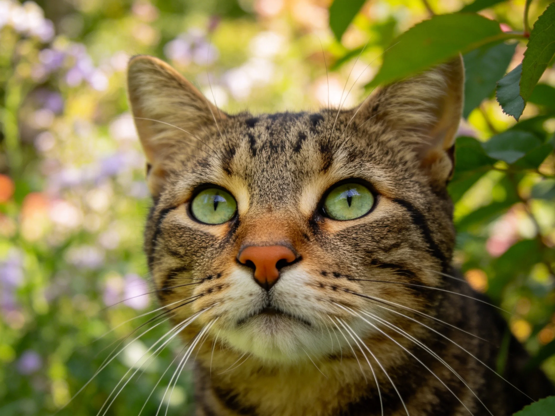 一只短毛虎斑猫,拥有绿色眼睛和清晰的虎斑纹路,毛发短而柔软,正凝视着周围的户外环境。