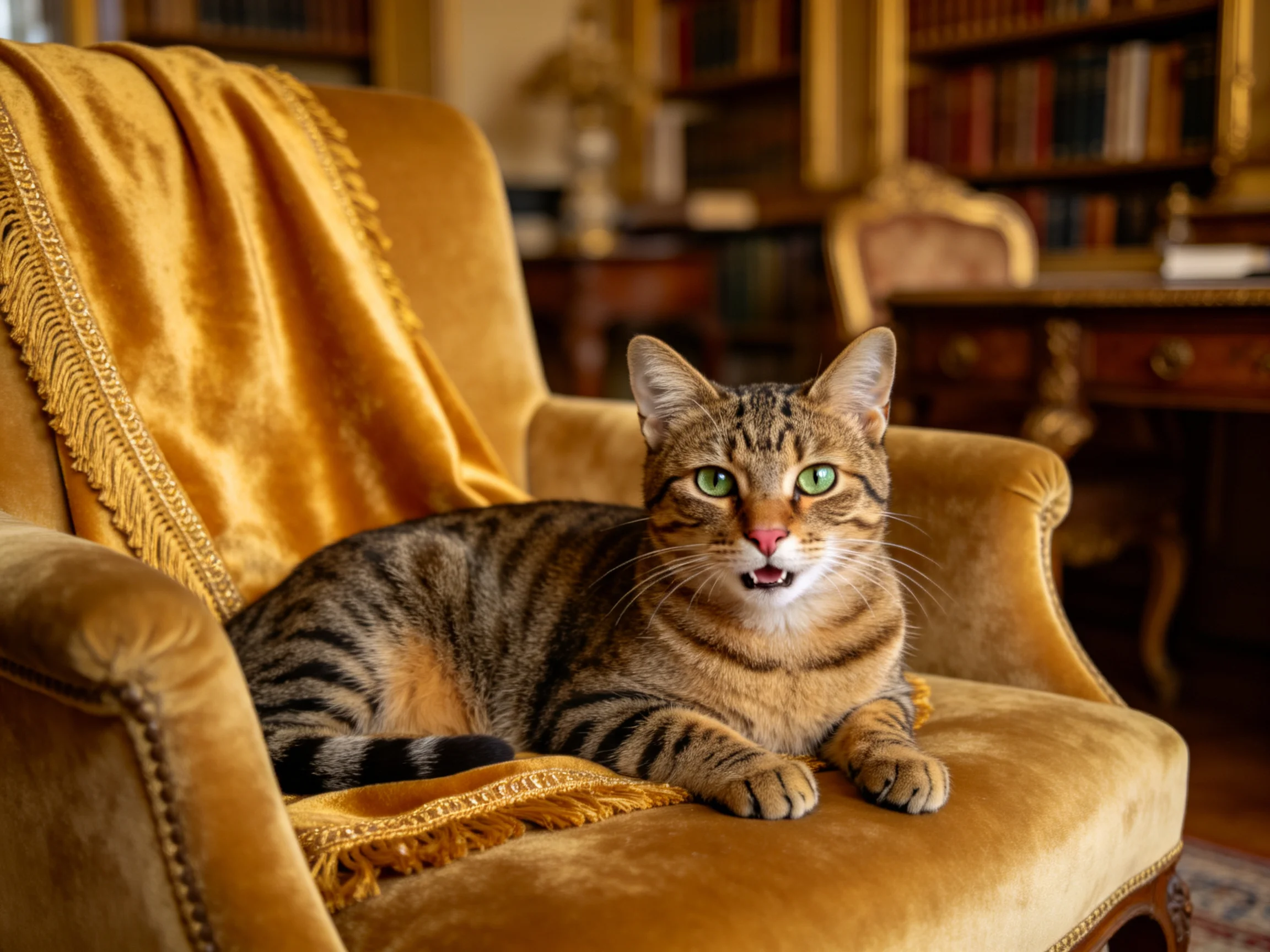 一只虎斑短毛猫正地趴在金色绒面扶手椅上,眼睛明亮,嘴巴微微张开。