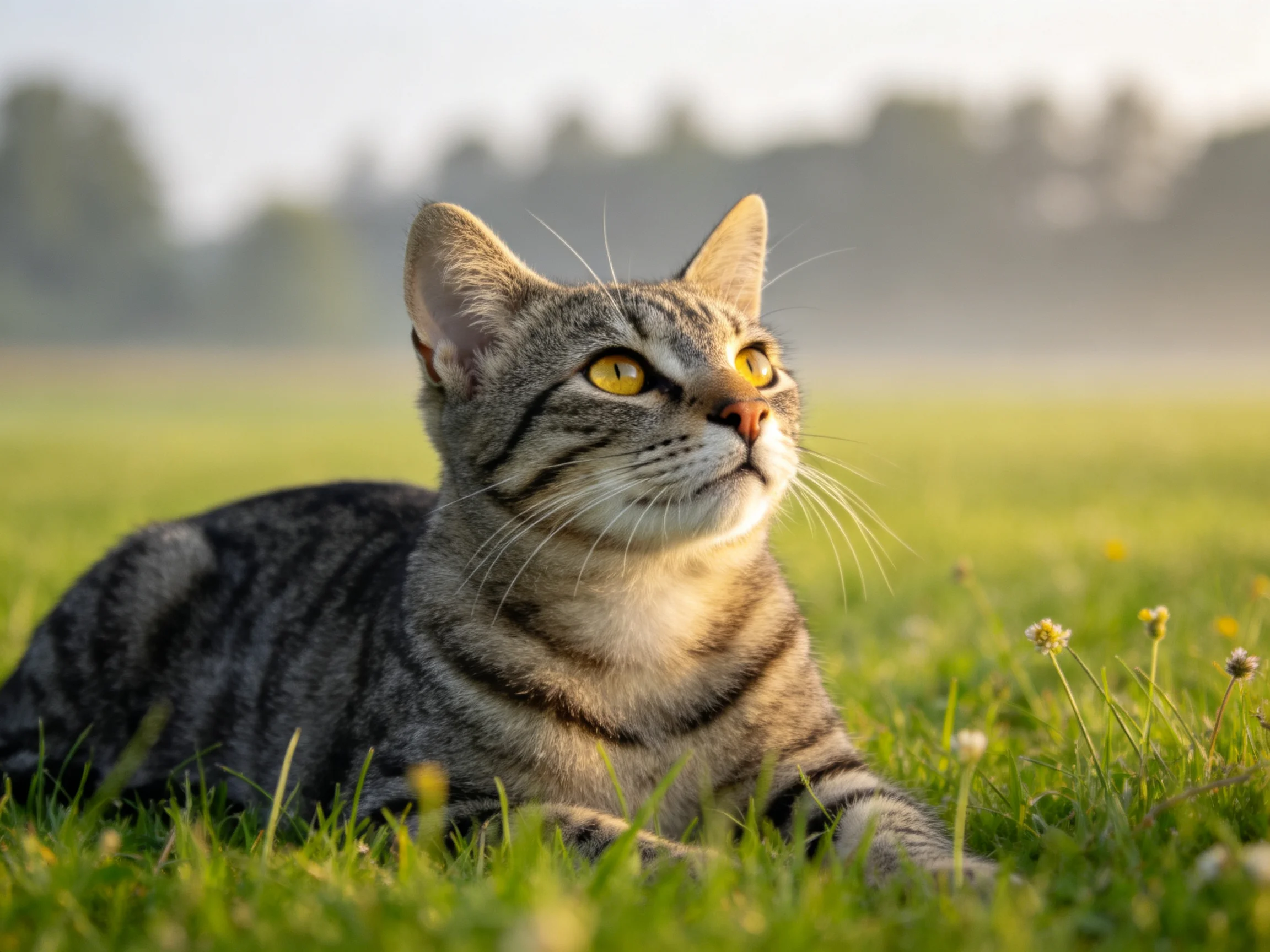 短毛虎斑猫躺在草地上,黄色的眼睛明亮,虎斑纹路清晰。
