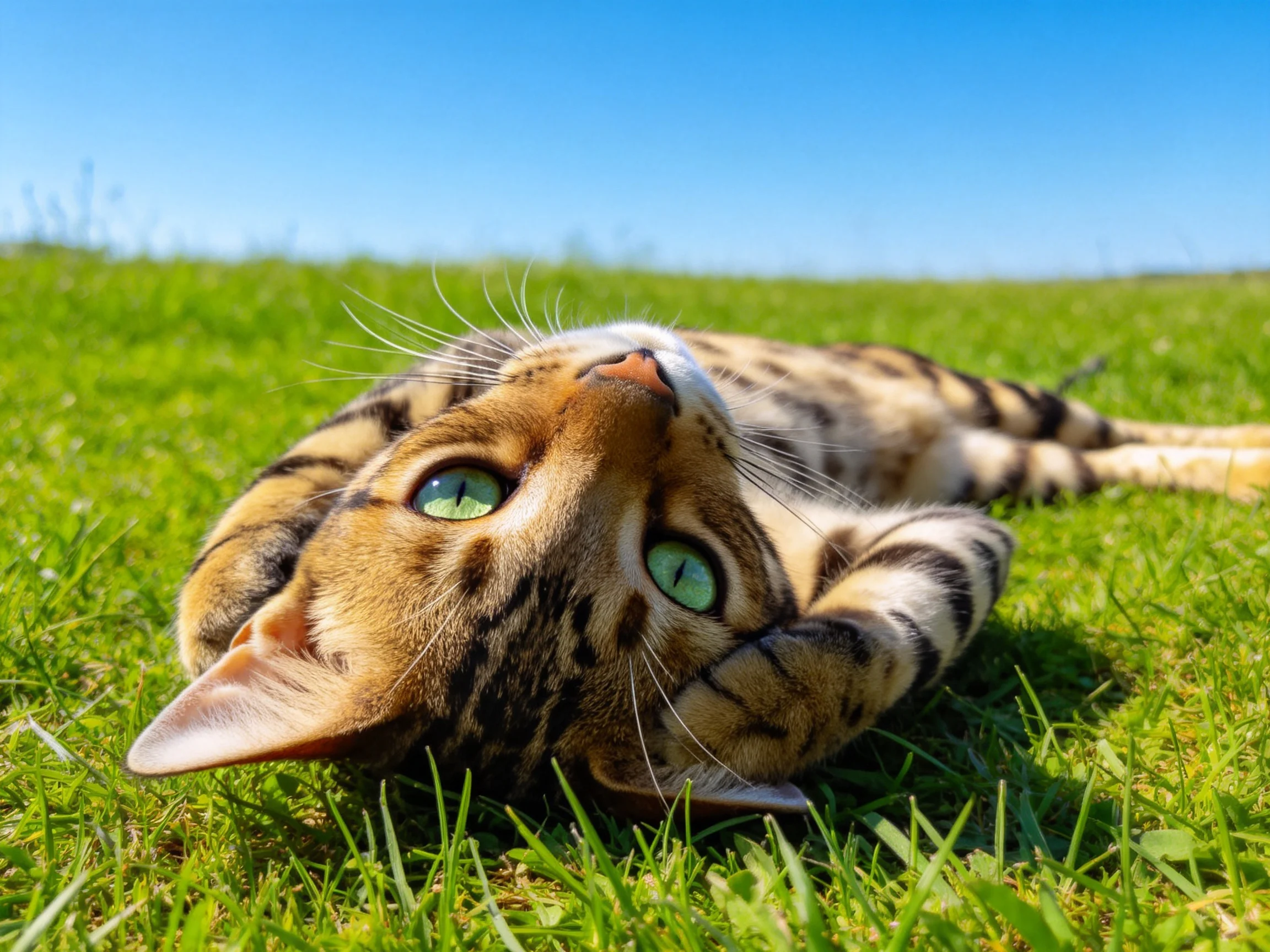 孟加拉猫仰卧在草地上,明亮的绿色眼睛注视着上方,皮毛带有清晰的条纹图案。