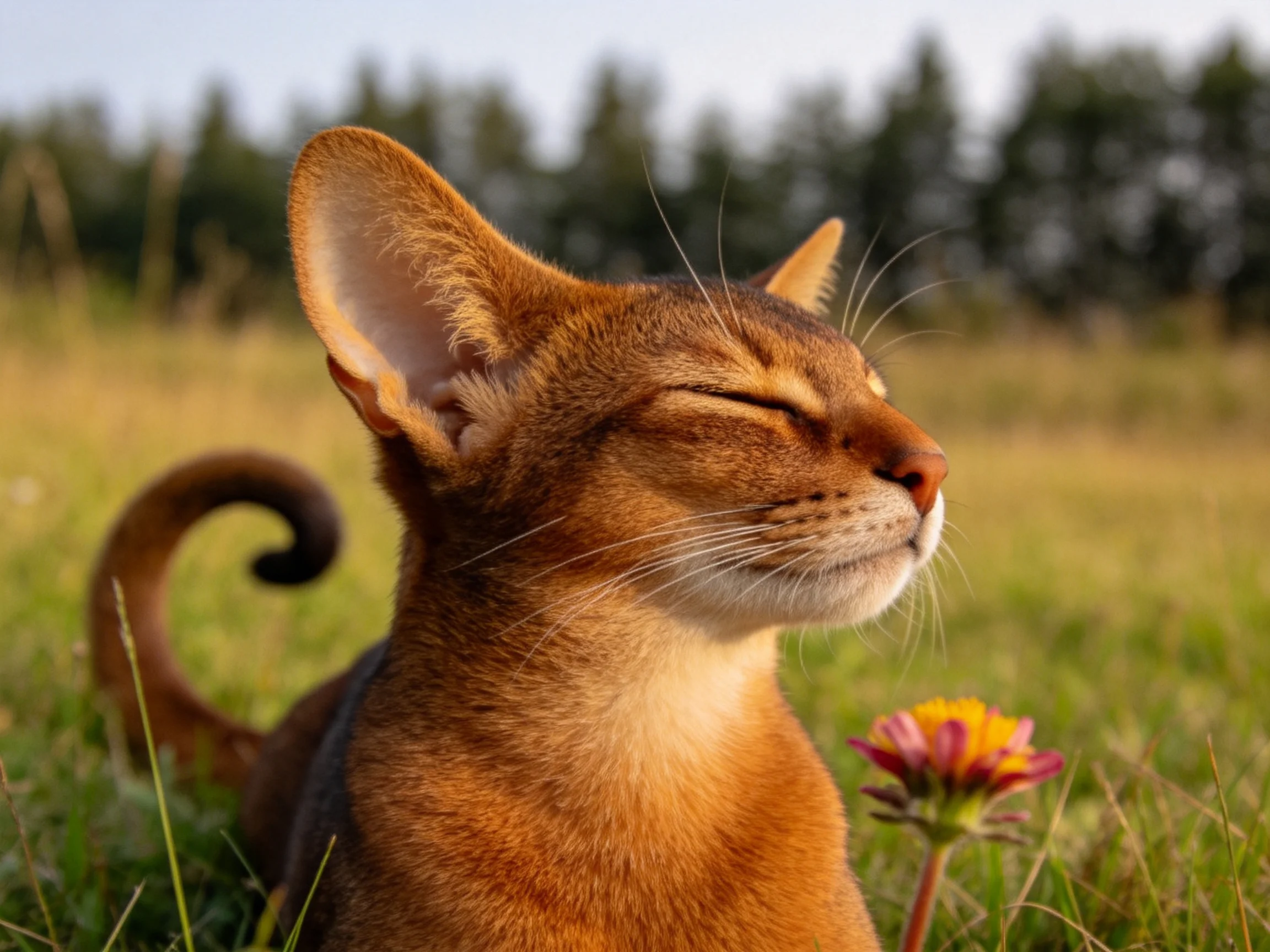阿比西尼亚猫闭眼享受阳光,红棕色皮毛光滑,身旁有色彩鲜艳的花朵。