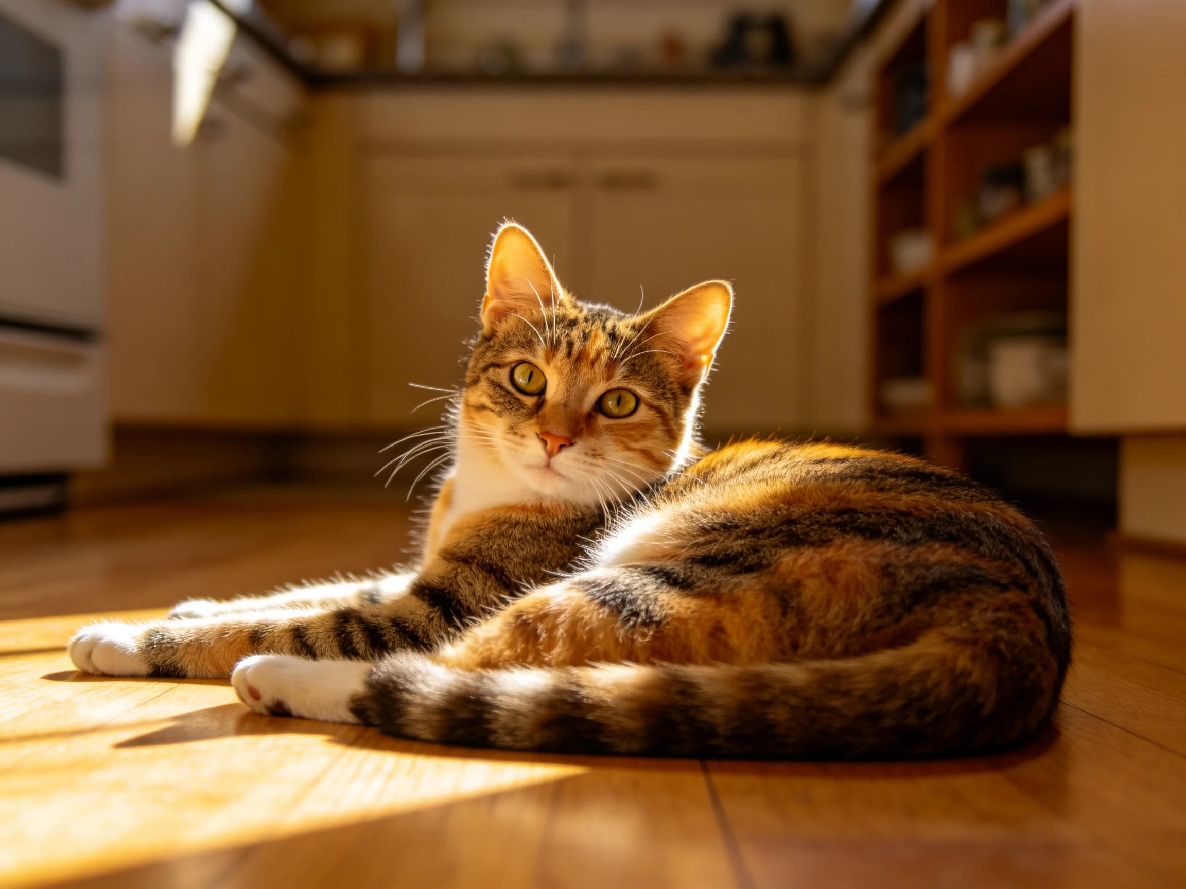 玳瑁色三色猫安静地趴在厨房木质地板上,皮毛柔软且带有明显的橙黑相间斑纹。