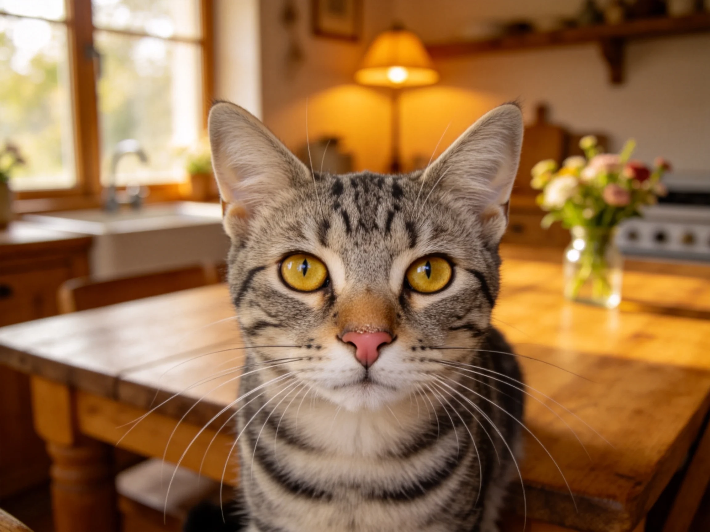 短毛虎斑猫拥有清晰的虎斑纹路和明亮的黄色眼睛,正安静注视着镜头方向。