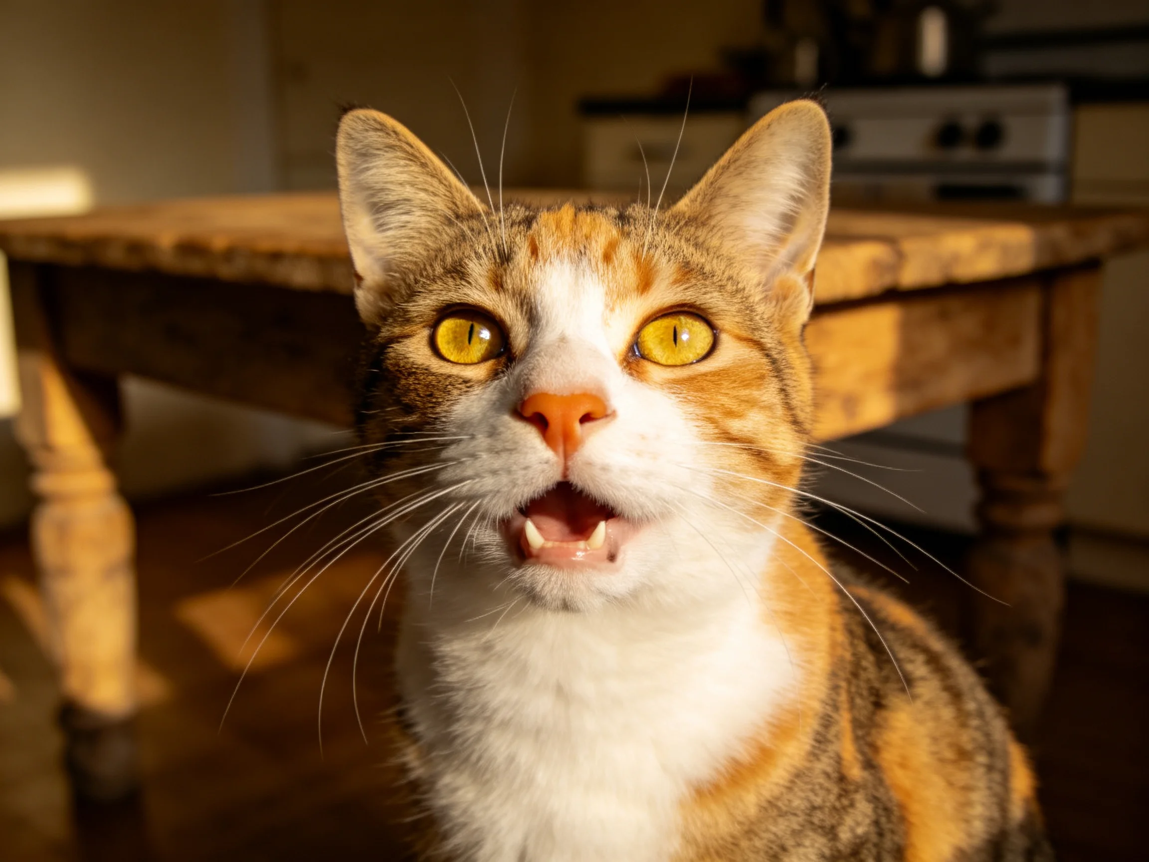 三色短毛家猫有着明亮的黄色眼睛,嘴巴微张,面部特征清晰可见。