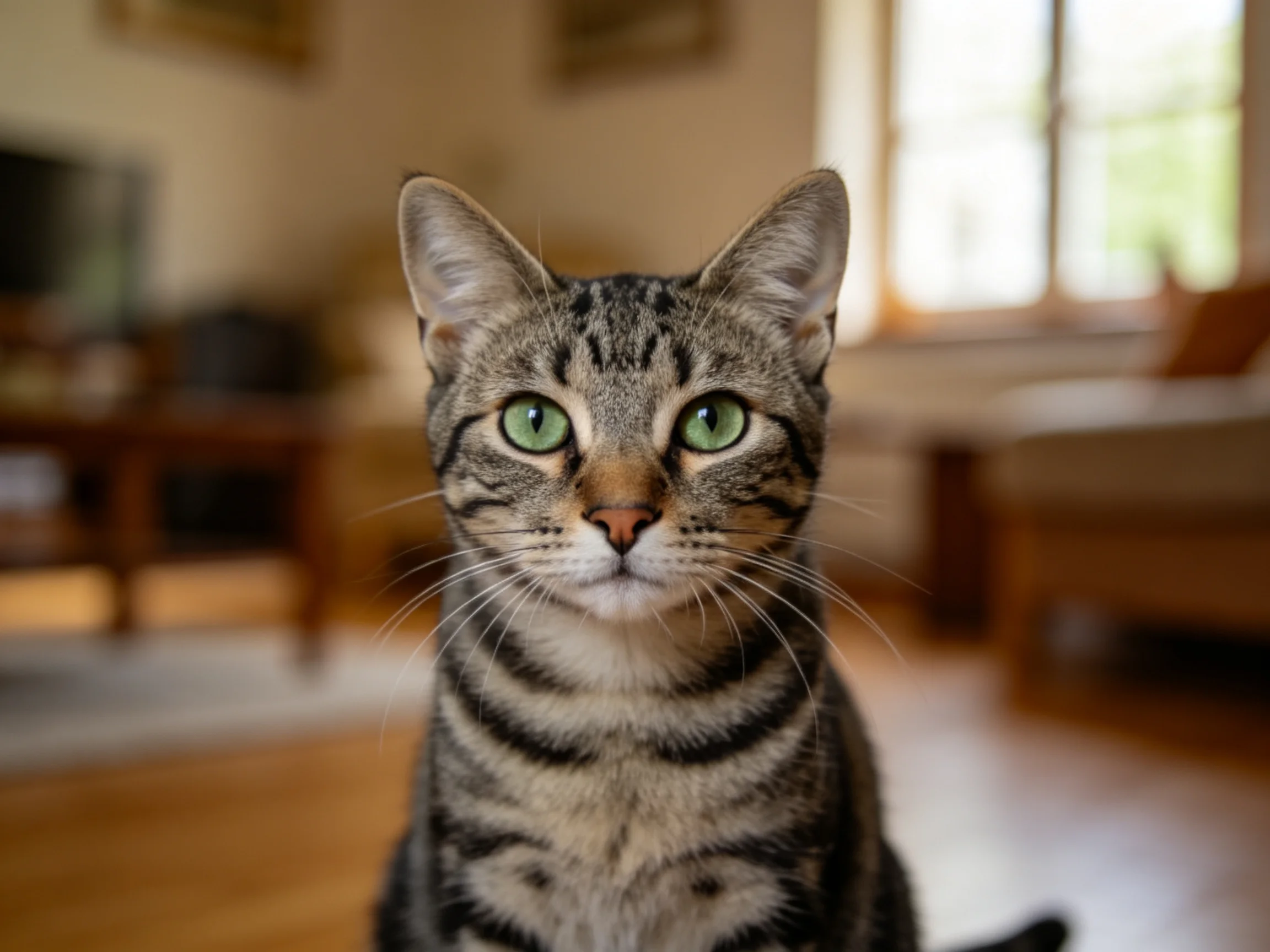 短毛虎斑猫有着明亮的绿色眼睛和典型的虎斑纹毛发特征。