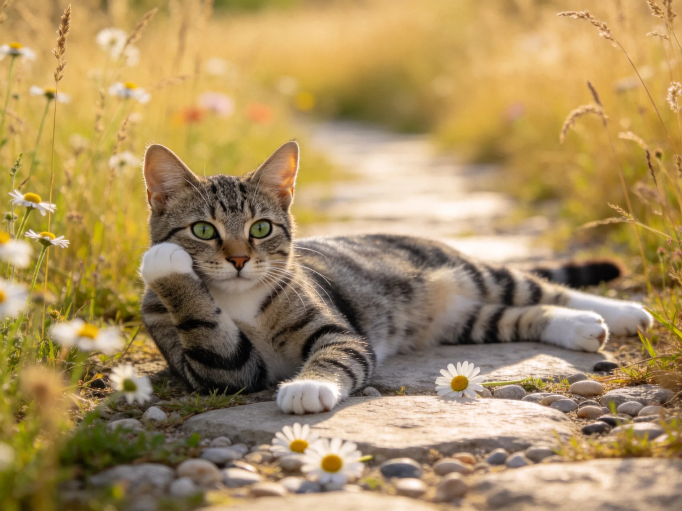 短毛虎斑猫趴在石径上,灰黑色虎斑皮毛搭配白色爪子,绿色眼睛明亮注视镜头。