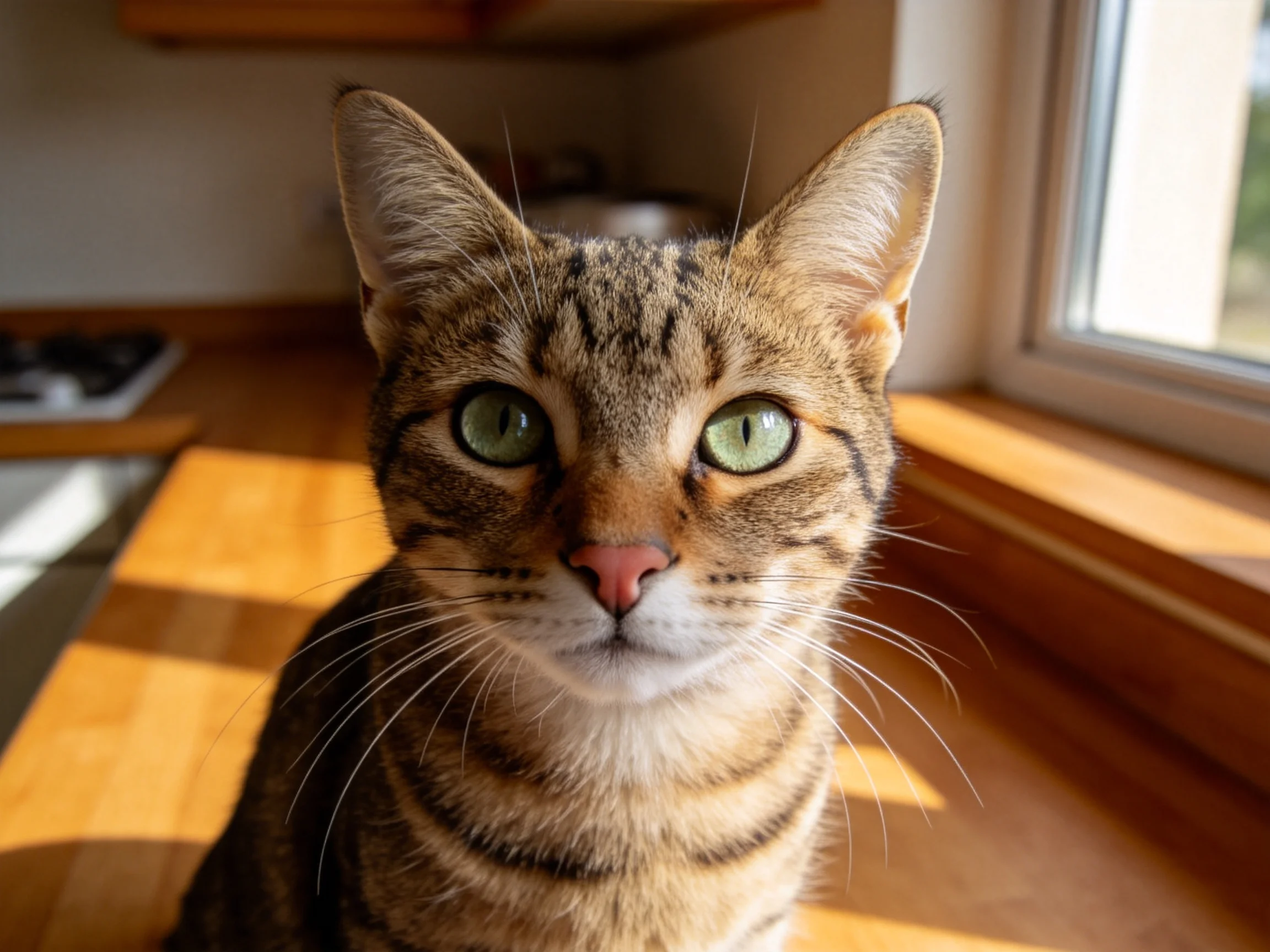 一只短毛家猫,绿色眼睛和虎斑纹皮毛,正安静地坐在窗边观察外界。
