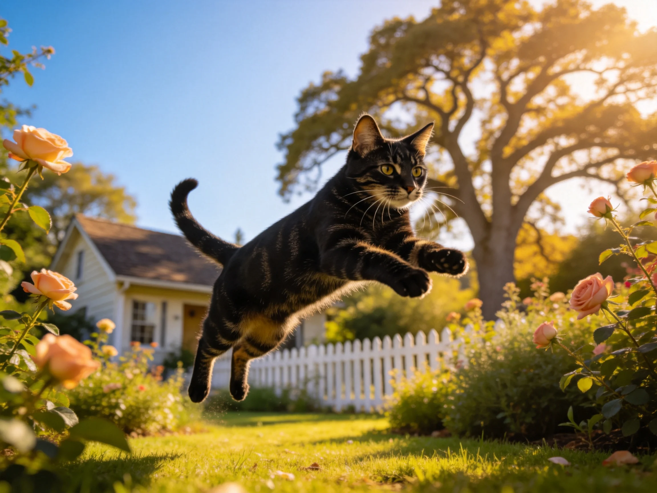 短毛虎斑猫在花园中跃起,黑色带金褐色条纹皮毛清晰可见,前爪向前伸展姿态明显。
