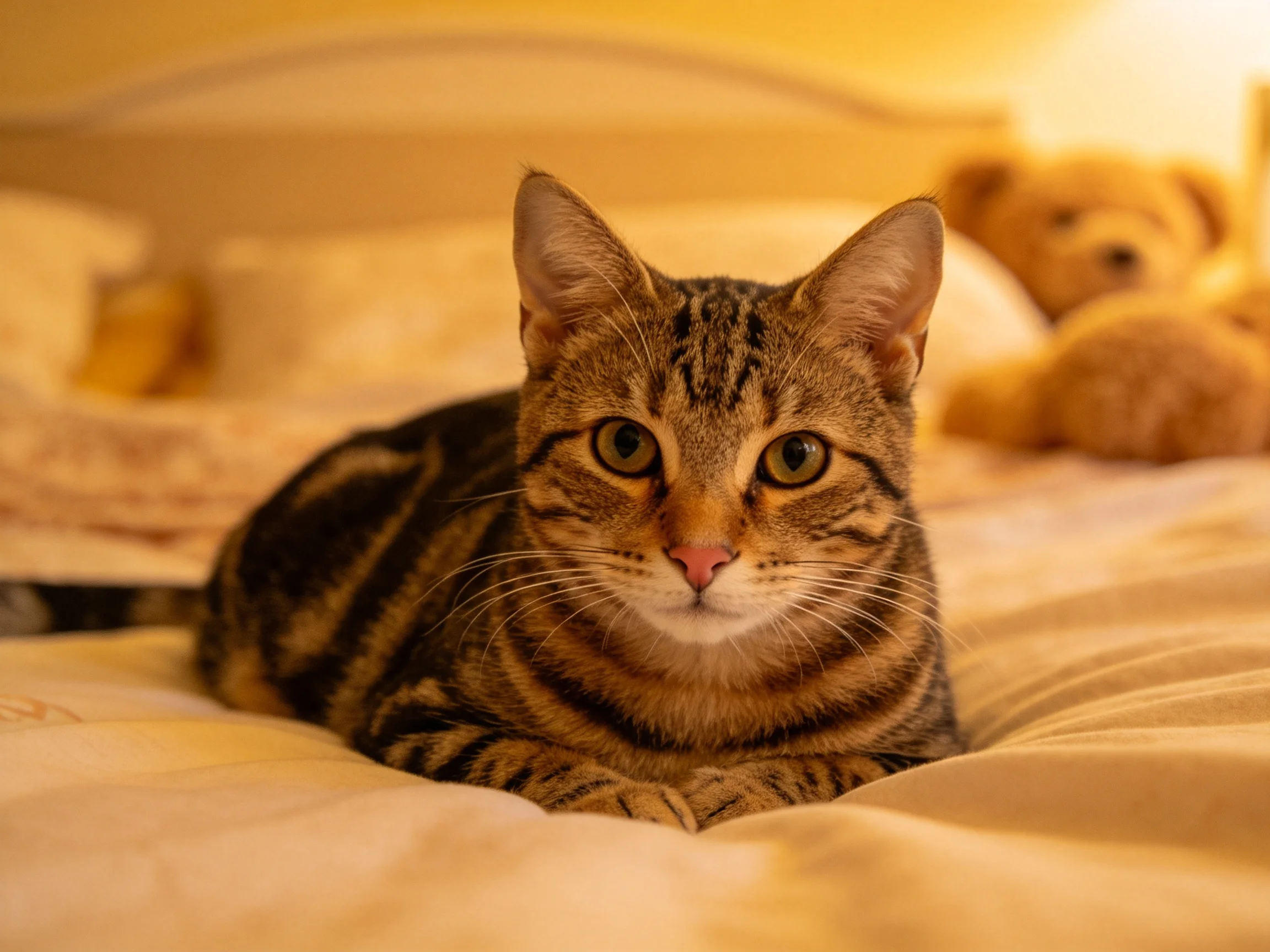 一只短毛虎斑猫正趴在床上,身上清晰的虎斑纹路,粉色鼻尖和明亮的眼睛十分显眼。