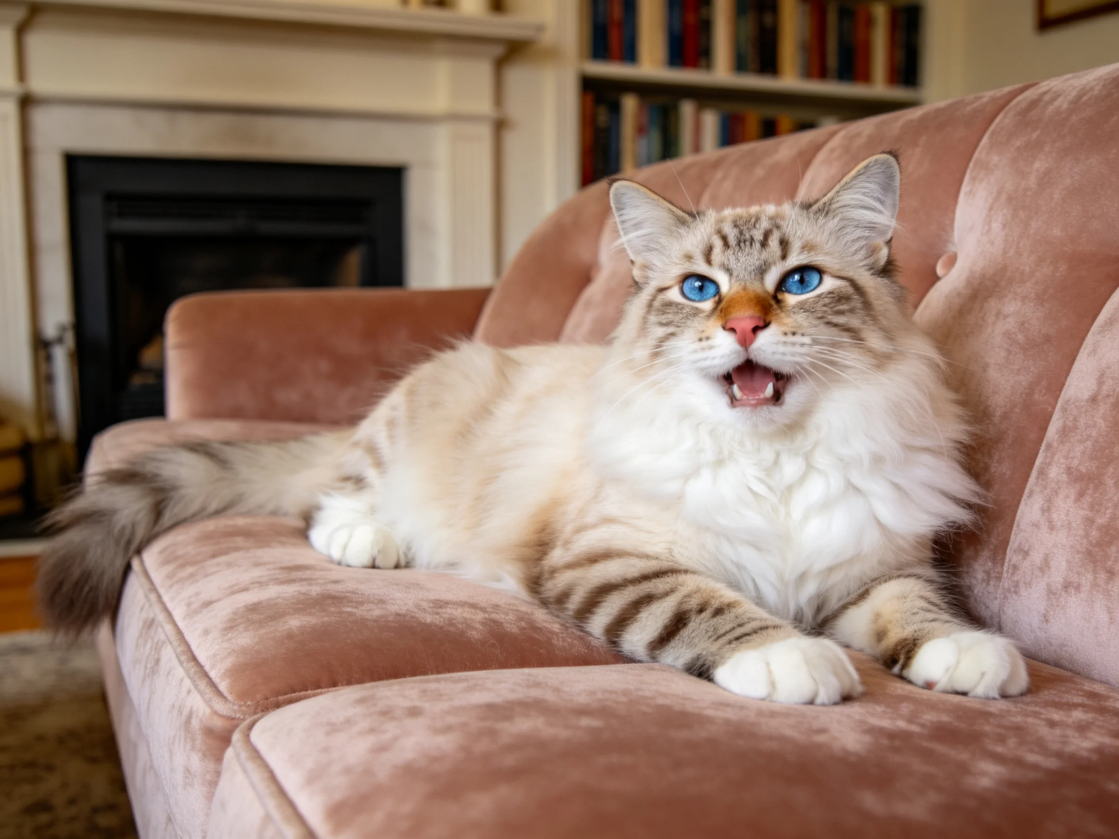 一只蓝眼睛长毛布偶猫,毛发蓬松柔软,正趴在粉色天鹅绒沙发上,爪子雪白,嘴巴微张。