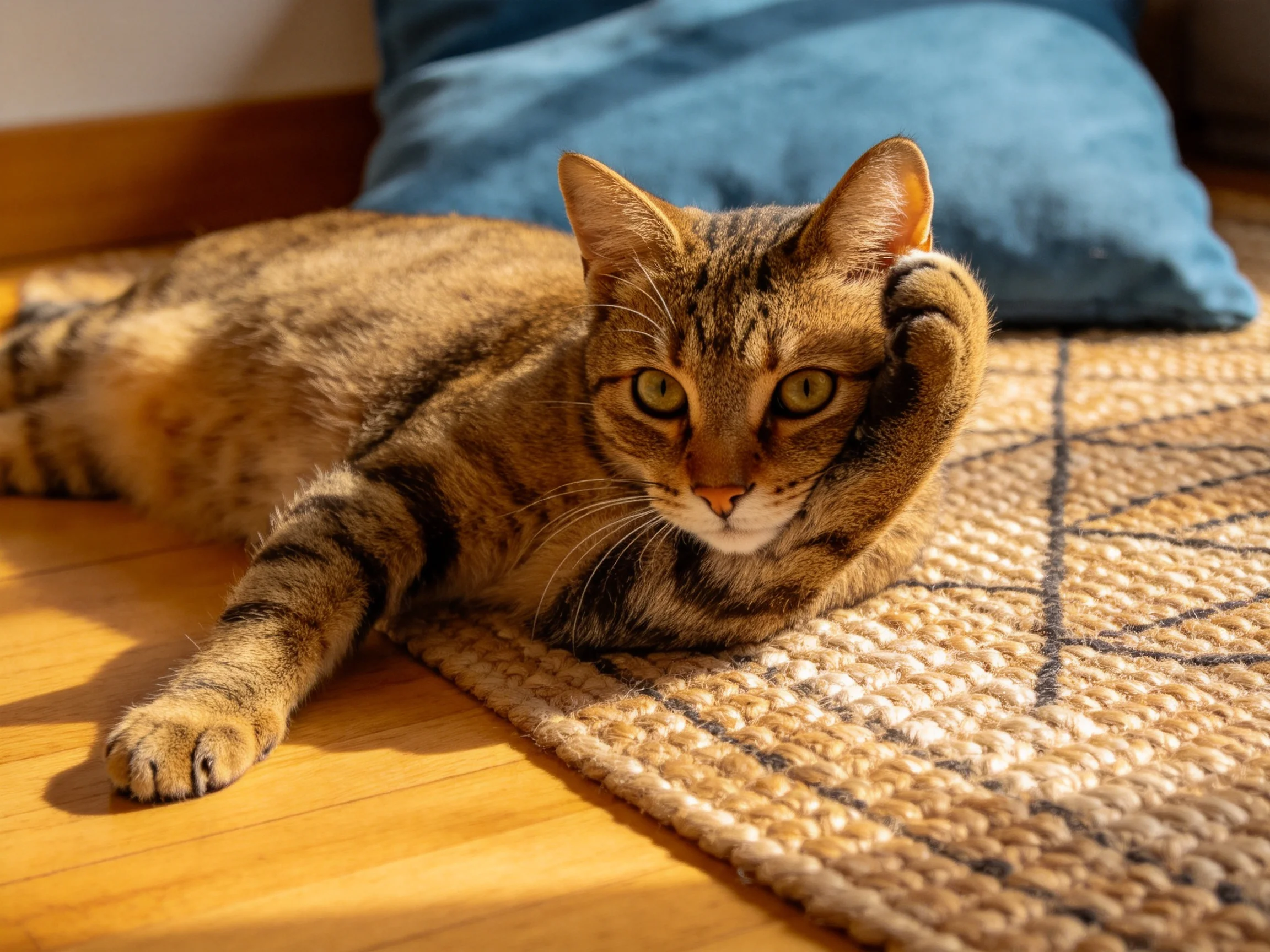 短毛虎斑猫将前爪轻触脸部,暖棕色带深色条纹的皮毛在阳光下清晰可见。
