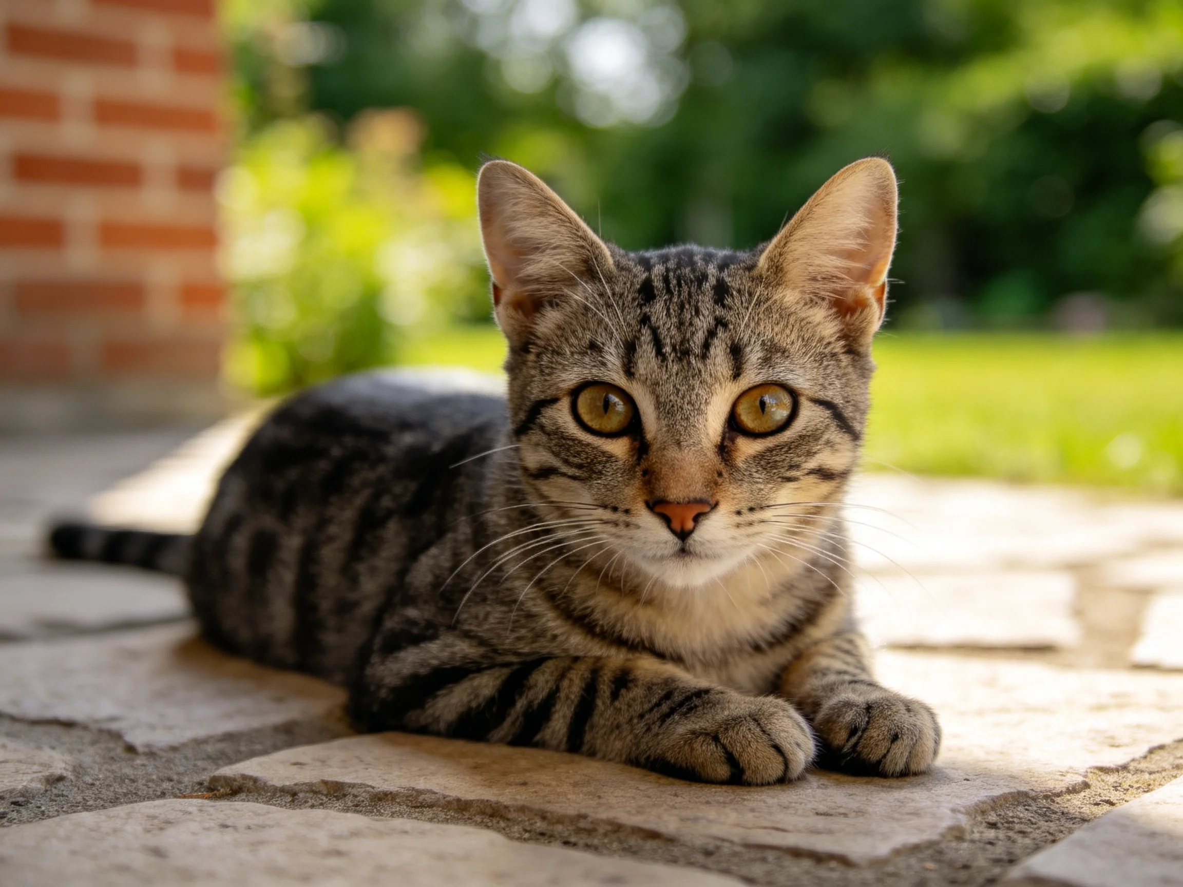 短毛虎斑猫趴在石板地面上,眼睛明亮,皮毛带有清晰的虎斑纹路。