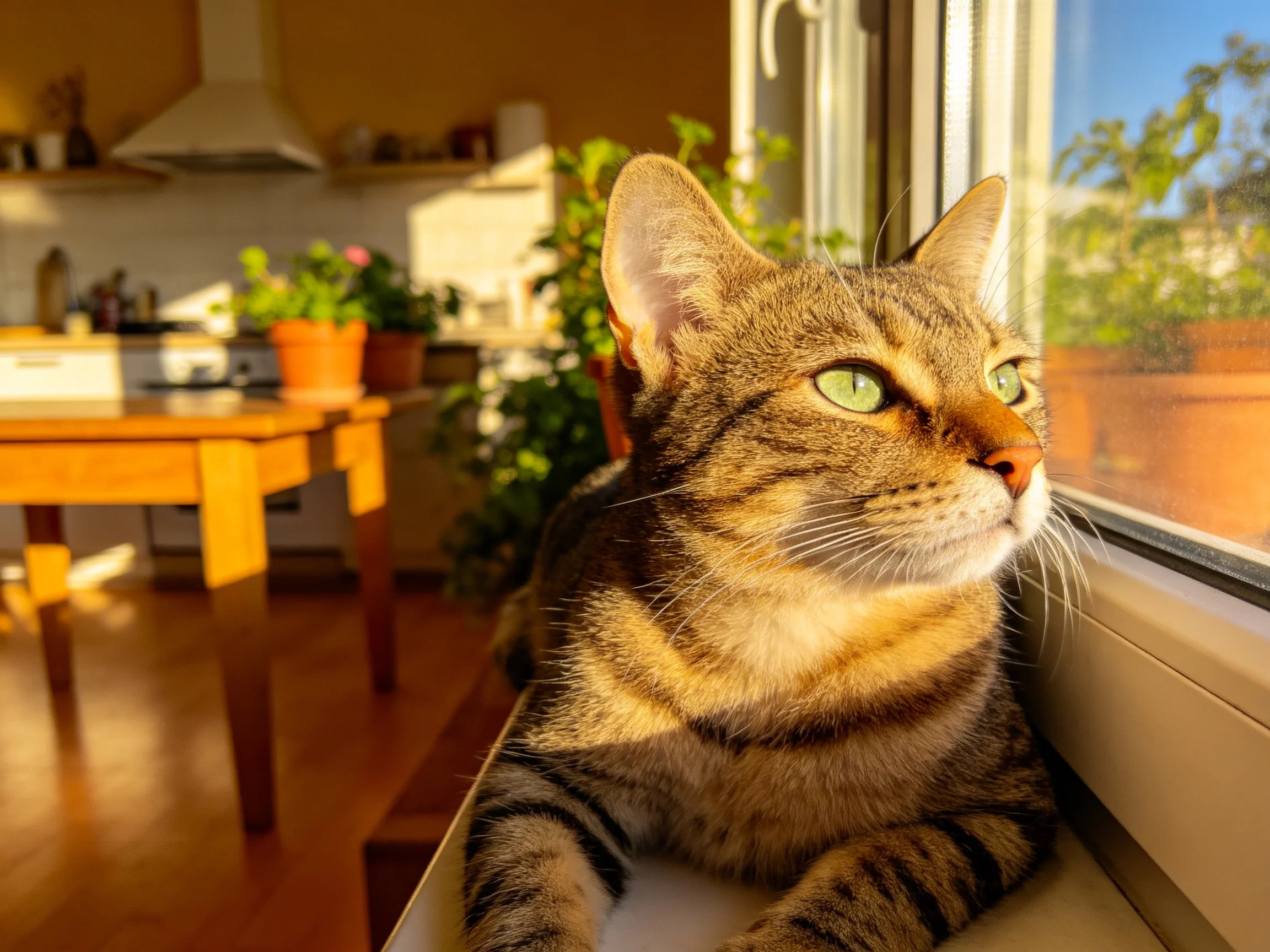 短毛虎斑猫趴在窗台上,绿色眼睛注视着窗外,皮毛呈现出清晰的虎斑纹理。