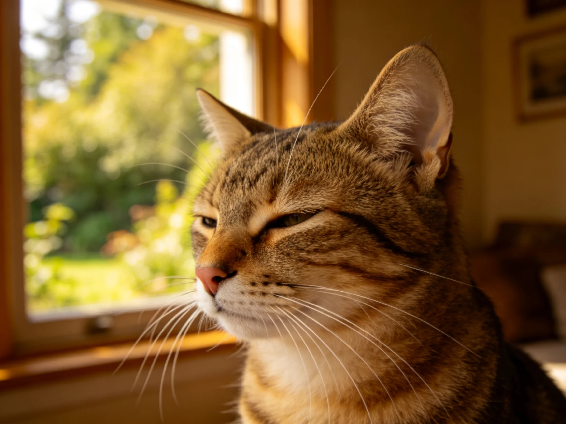 短毛虎斑猫安静地坐在窗边,柔软的皮毛在光线下显得细腻,眼睛半睁观察着窗外。