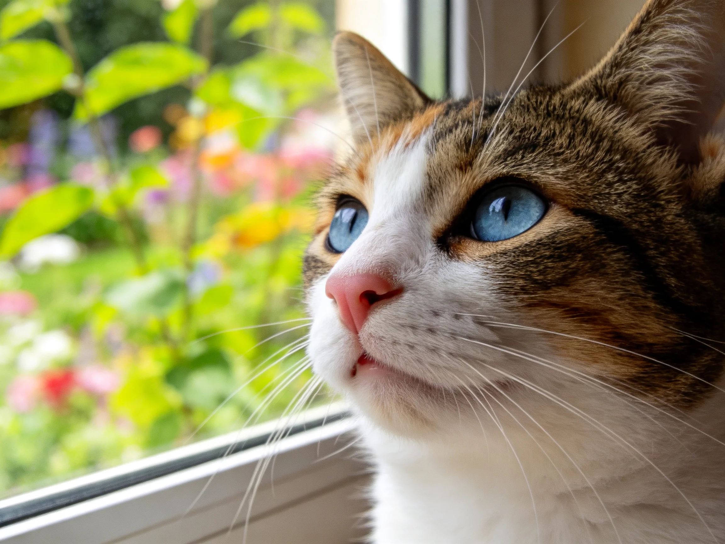 三色短毛家猫凝视窗外,拥有澄澈的蓝色眼睛和柔顺的混合色毛发。