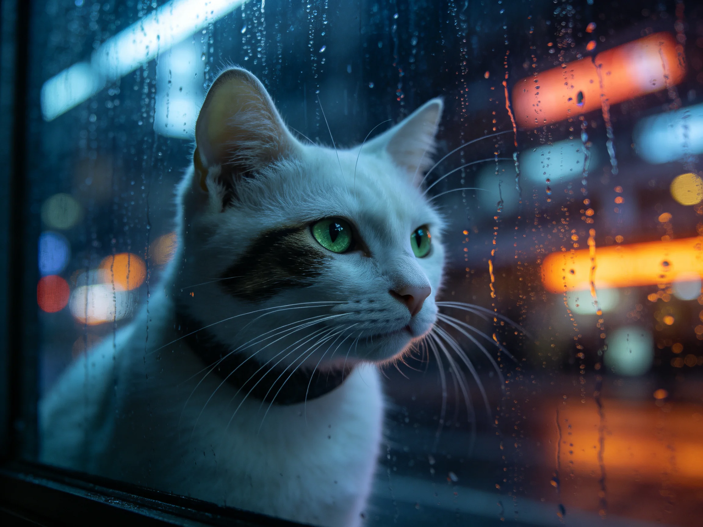 一只短毛家猫有着绿色眼睛,正站在湿润的窗户玻璃前专注地观察外面的景象。