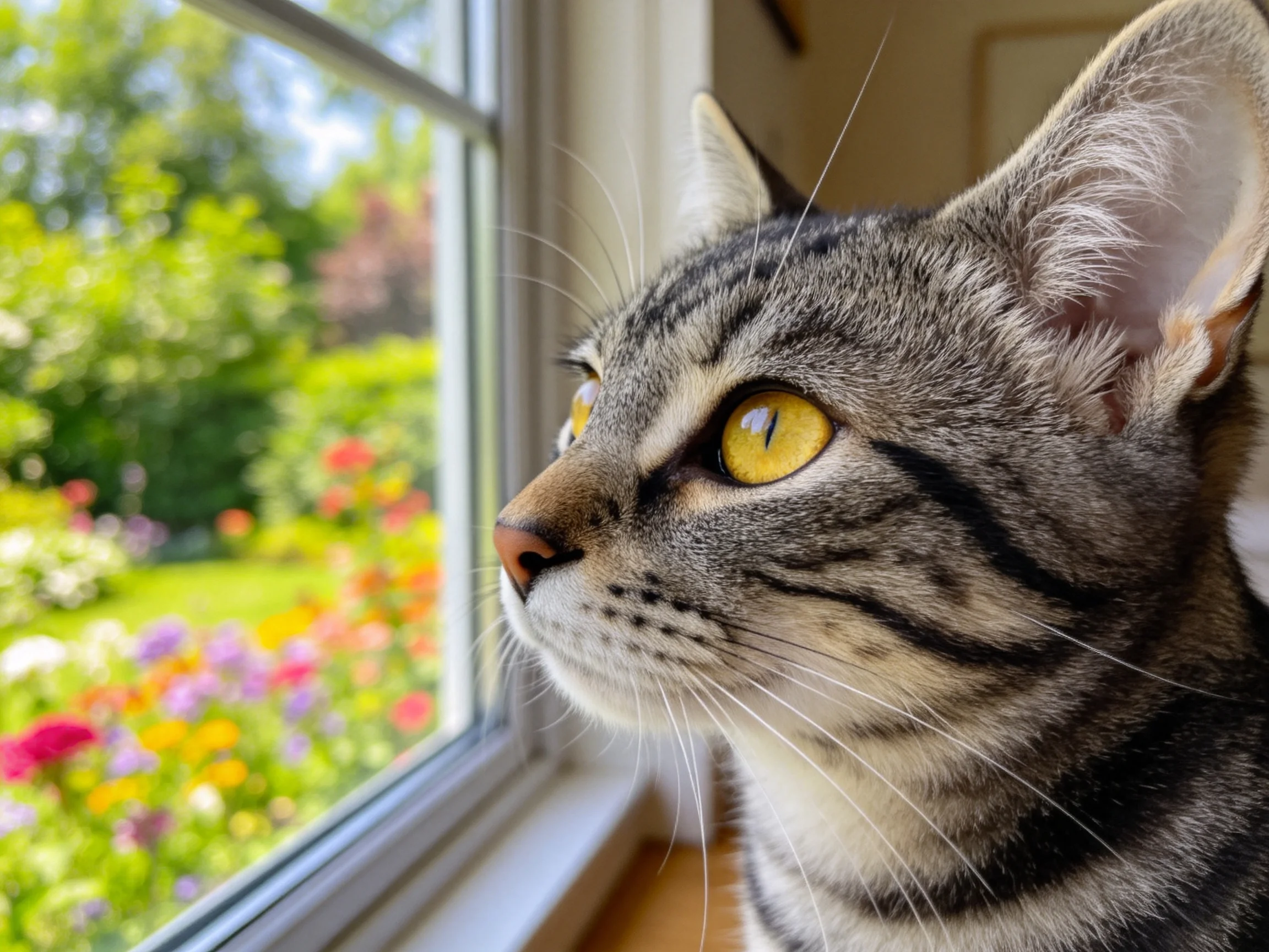 短毛虎斑猫有着灰色带黑纹的毛发和黄色眼睛,正专注地通过窗户观察花园景色。