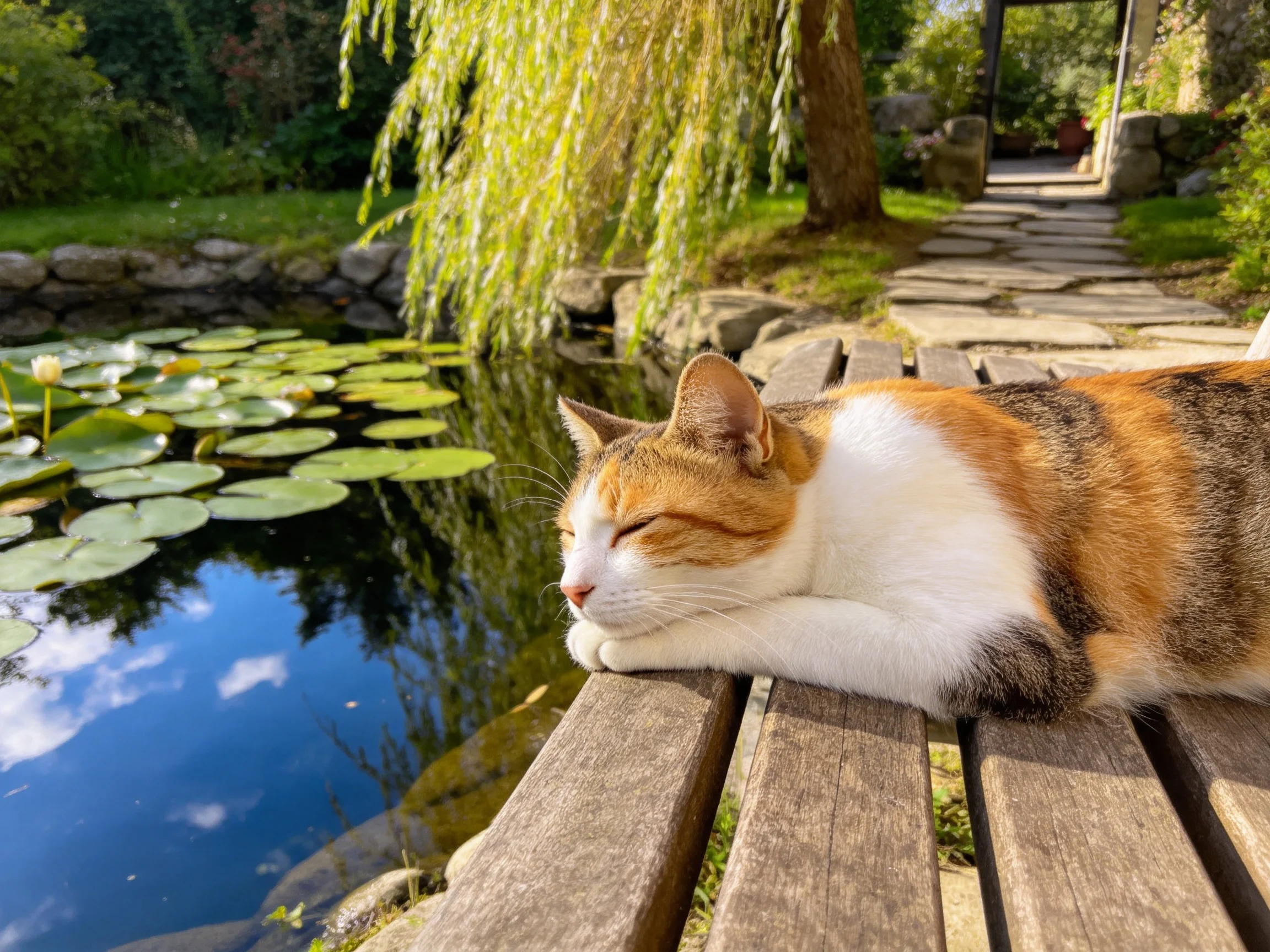 三色短毛家猫安静趴在木椅上,橘白相间的毛发柔软贴附在椅背上,周围是平静的水面与荷叶。
