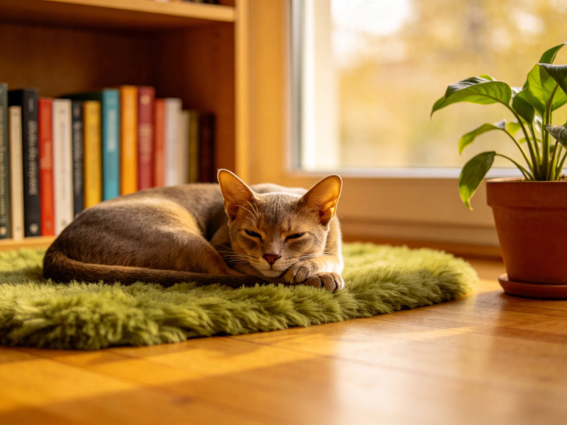 阿比西尼亚猫安静地趴在绿色绒毯上，浅棕色皮毛在暖光下显得柔软温顺。