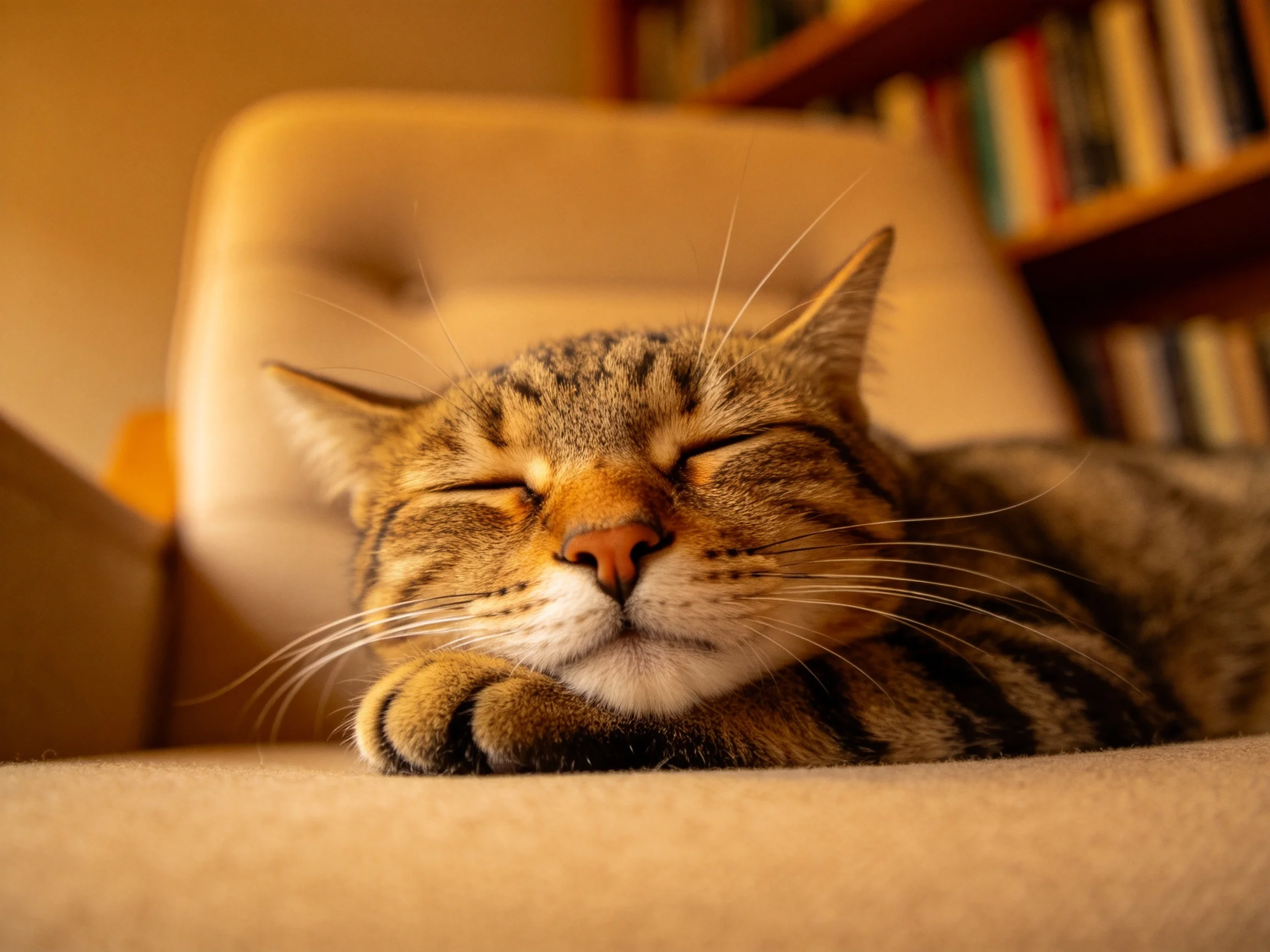 短毛虎斑猫闭着眼趴在座椅上,肉粉色鼻尖和清晰的虎斑纹路清晰可见。