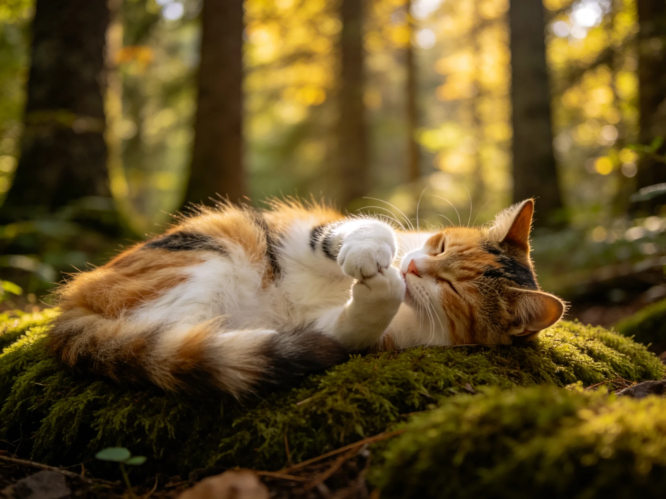 三色短毛家猫在阳光森林环境中,毛发呈现出橙、黑、白相间的色彩,前爪抬起靠近脸部。