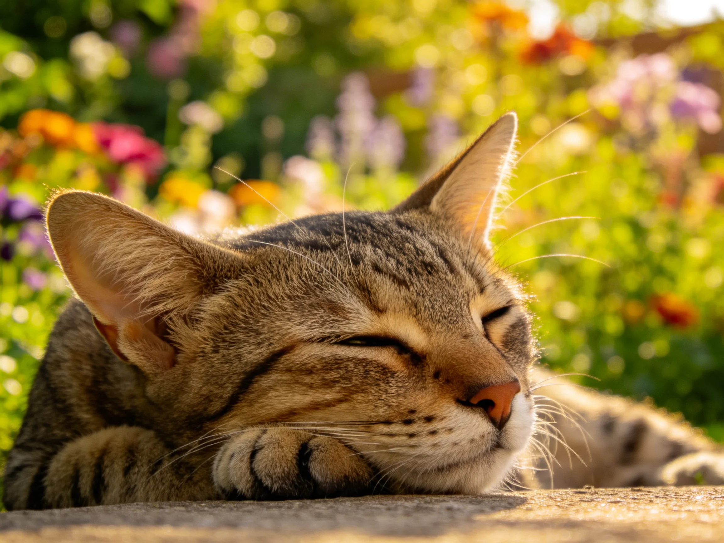 短毛虎斑猫闭眼休憩，身上清晰的虎斑纹路在阳光下显得格外明显，前爪轻放于石面之上。