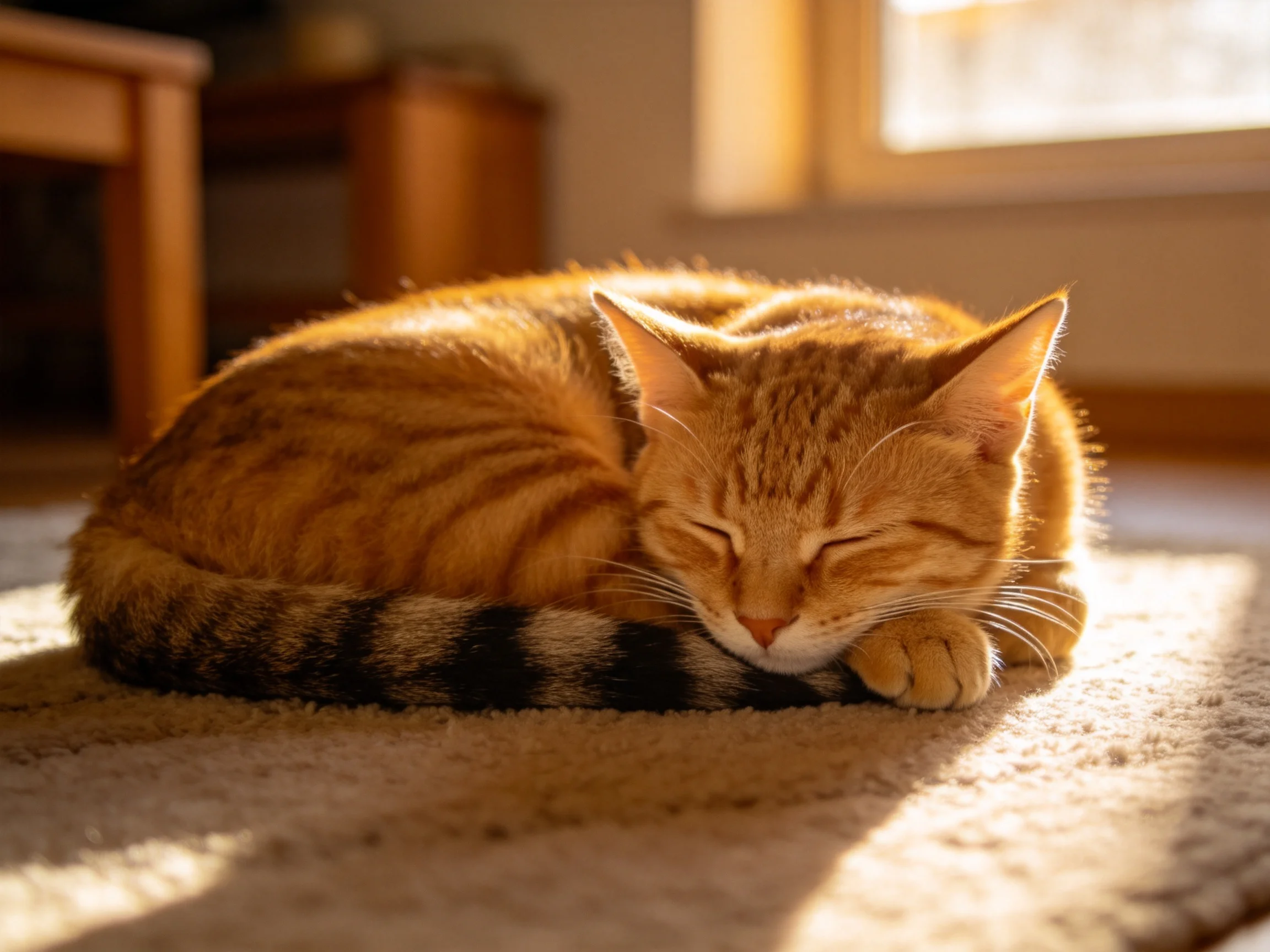 橘色虎斑短毛家猫在阳光下闭眼休息，尾巴带有深色条纹。