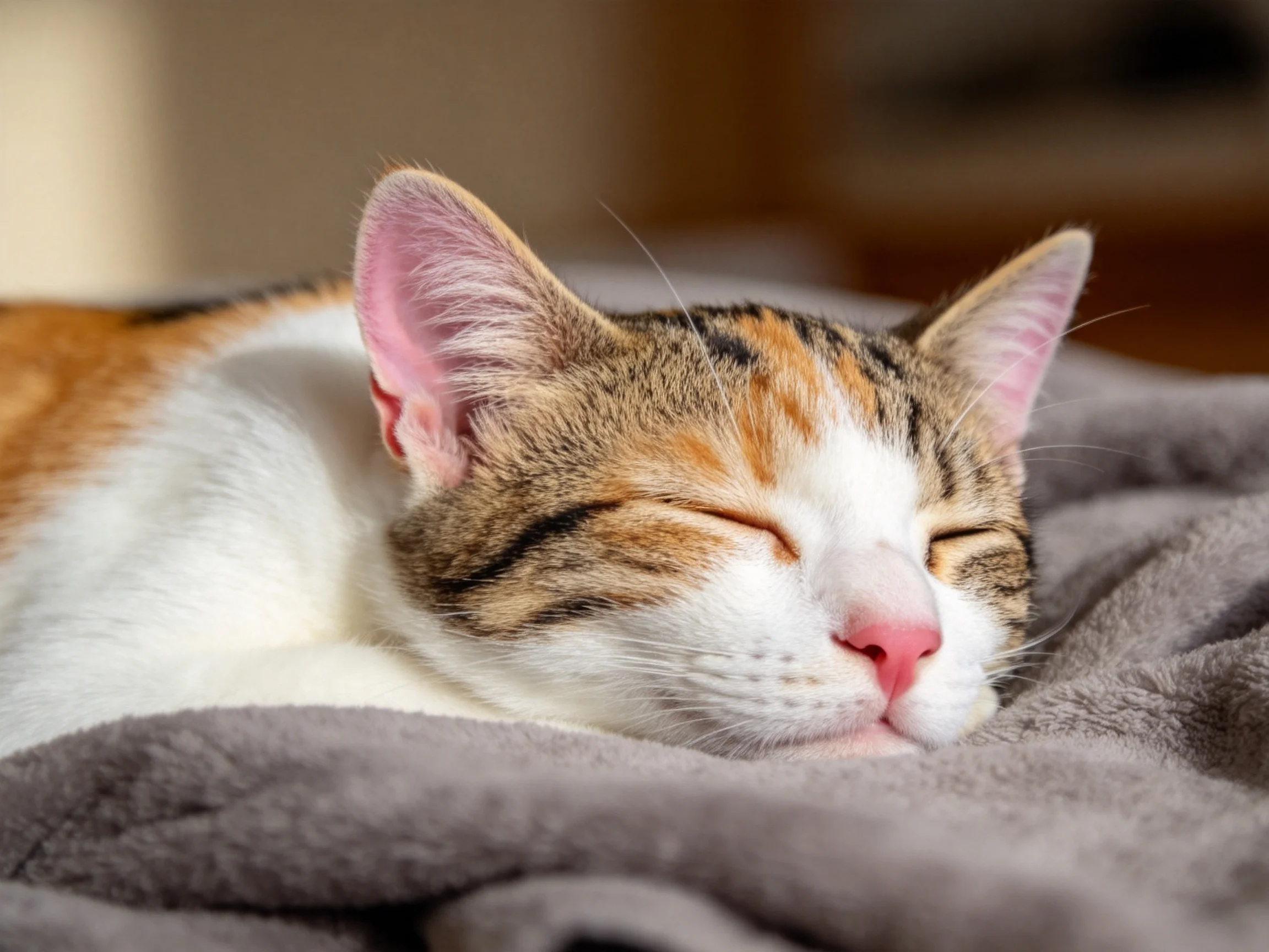 一只三色短毛家猫处于睡眠状态,双眼闭合,躺在柔软的灰色毯子上,鼻头呈粉色。