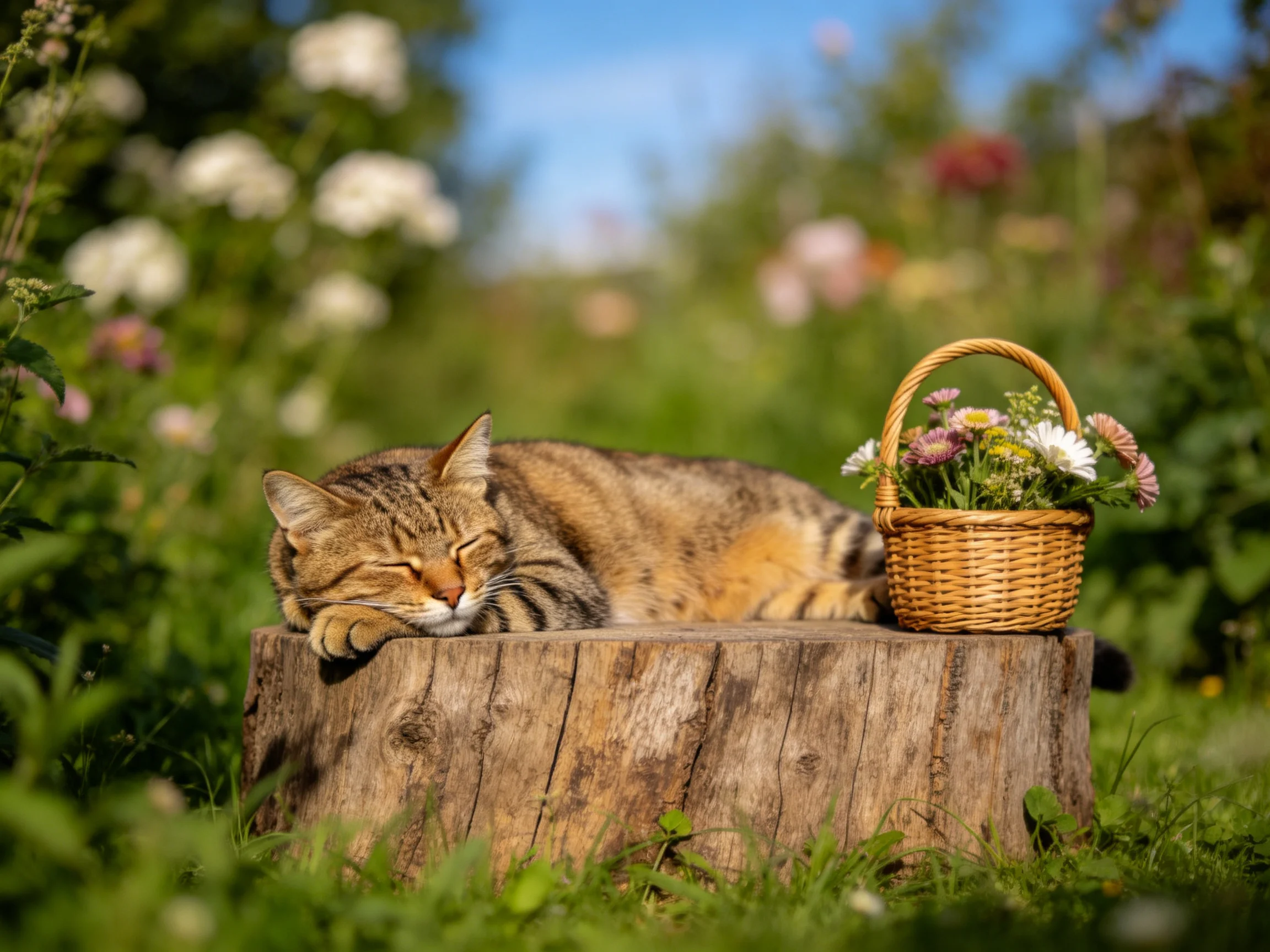 短毛虎斑猫安静地趴在树桩上,金褐色虎斑纹理的毛发柔软贴附在树桩表面,身旁放着盛有各色鲜花的小型藤编篮子。