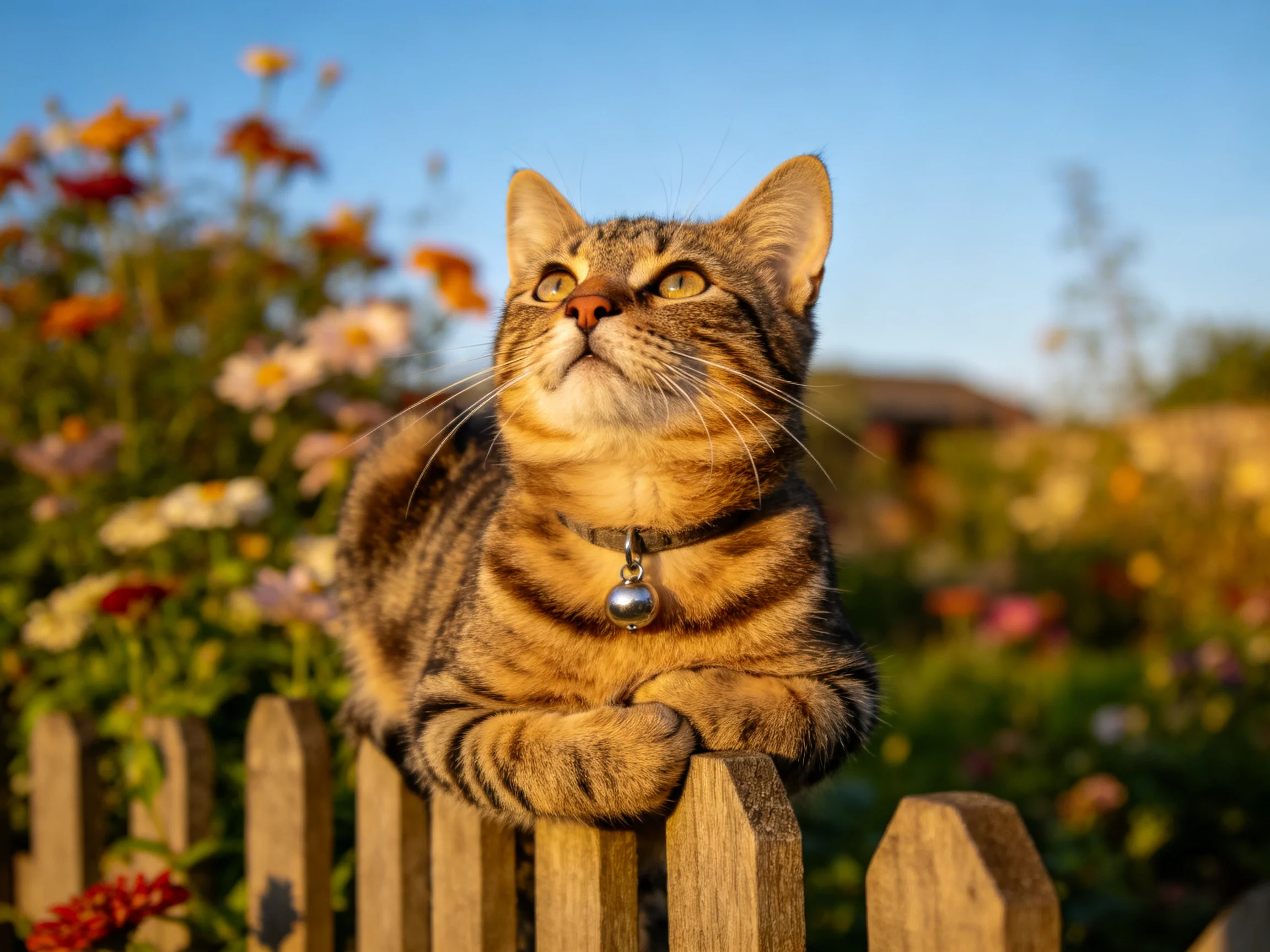 短毛虎斑猫趴在木栅栏上,皮毛的条纹清晰可见,眼睛明亮注视着上方。