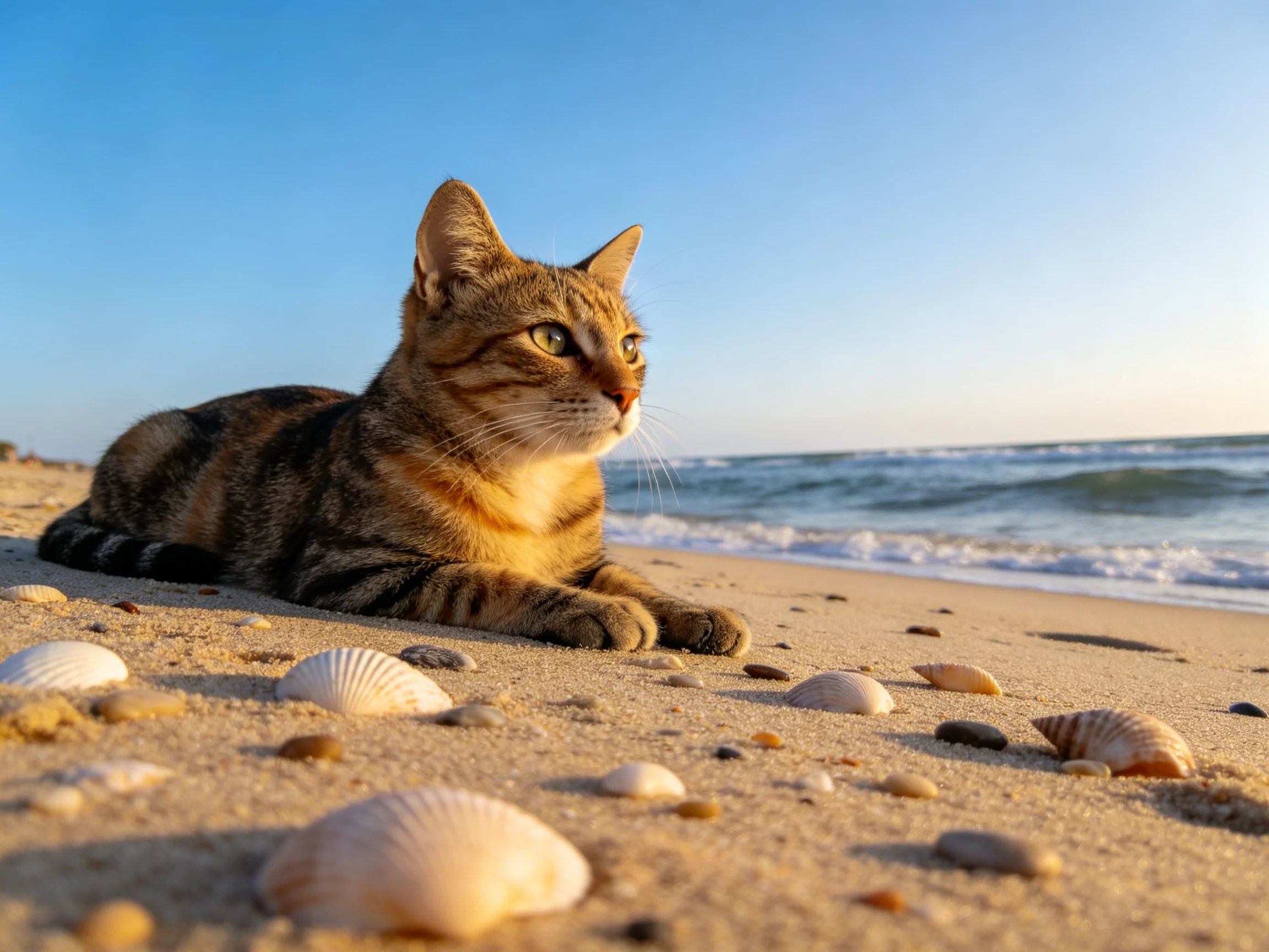 短毛虎斑猫趴在沙滩上，皮毛带有清晰条纹，周围散落着不同大小贝壳。