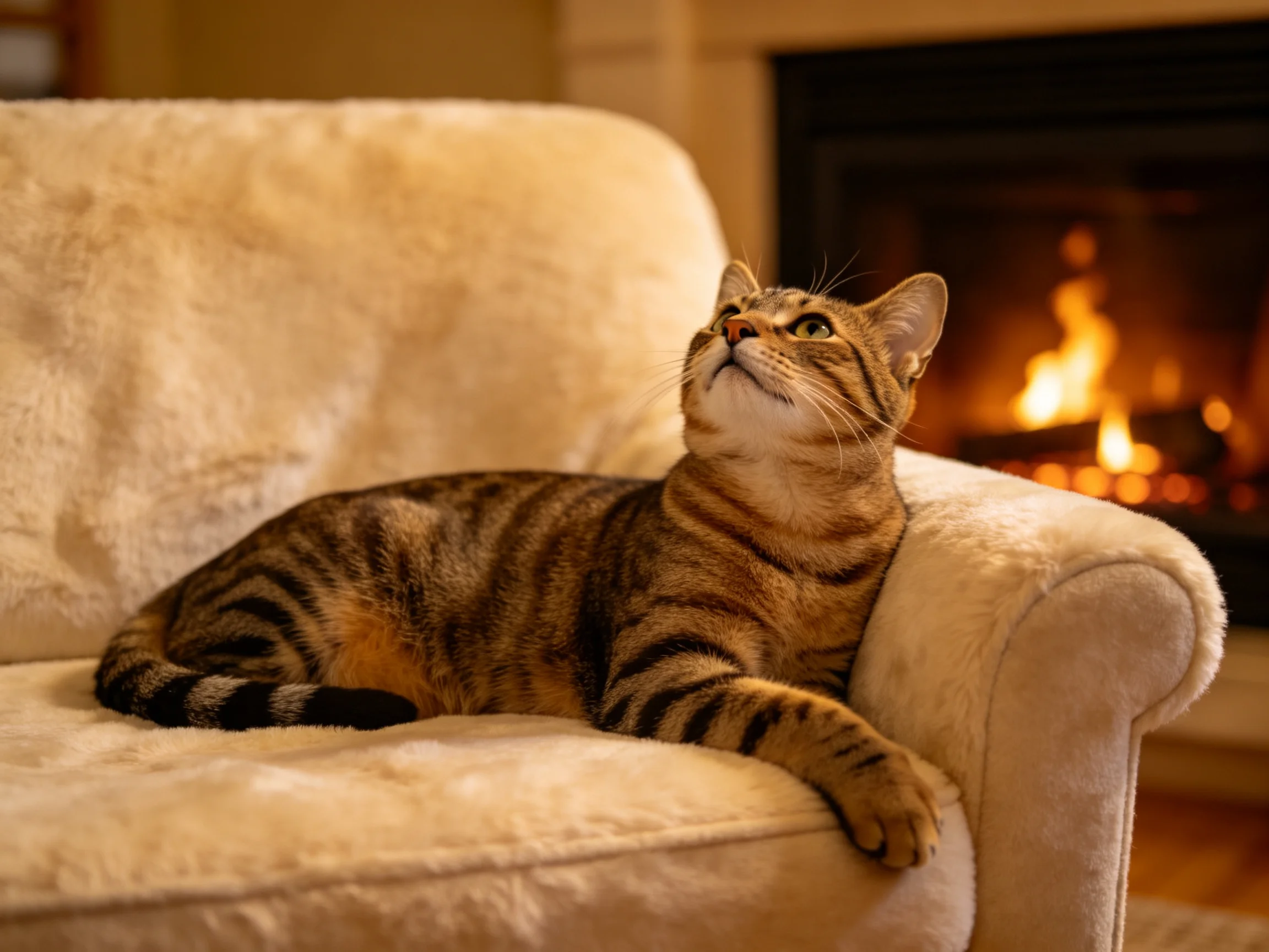 虎斑猫抬头凝视,身上清晰的虎纹与柔软沙发形成对比,皮毛顺滑有光泽。