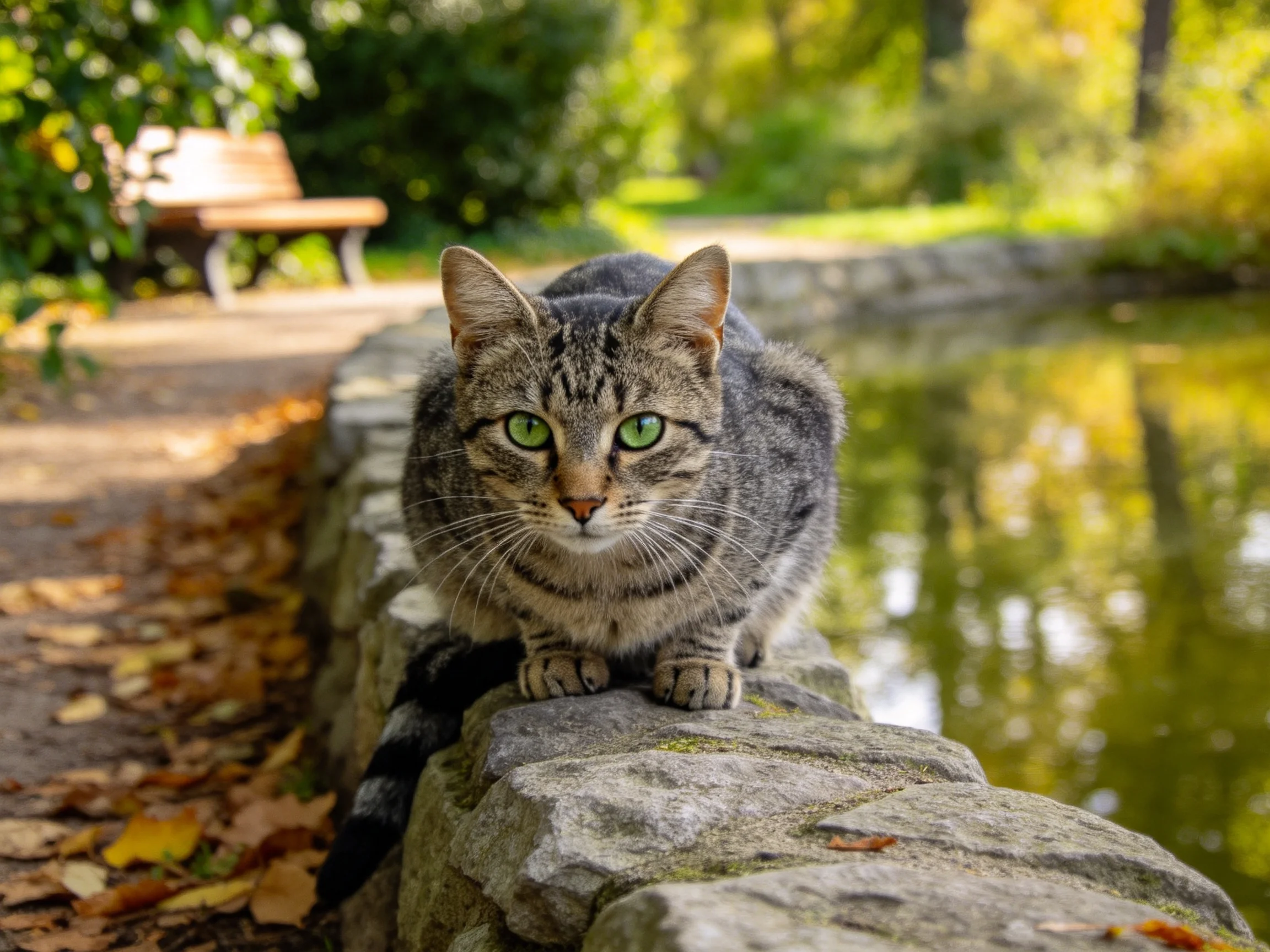 短毛斑纹猫趴在石墙上,明亮的绿色眼睛注视前方,灰褐条纹毛发清晰可见。