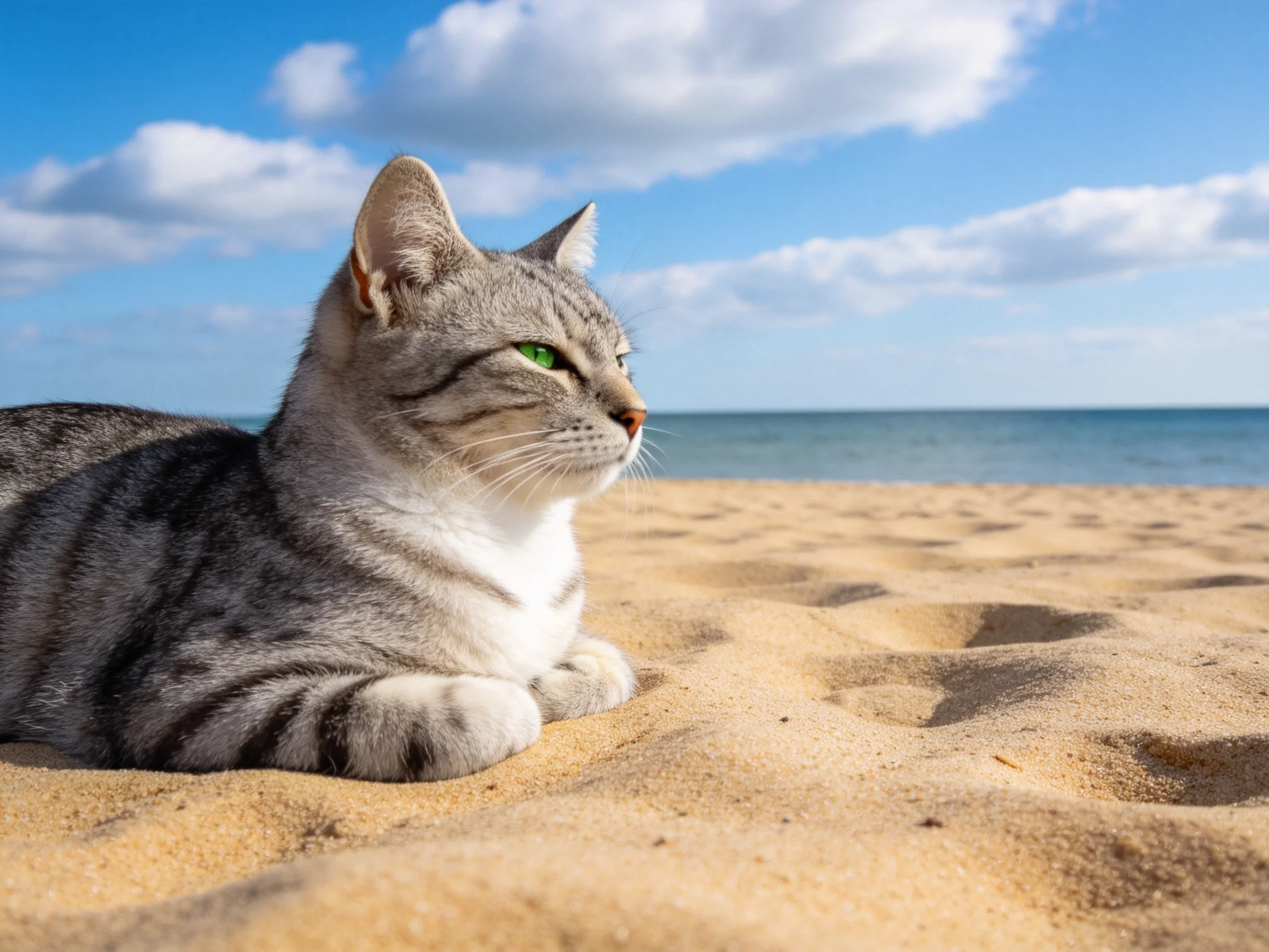短毛虎斑猫趴在沙滩上，绿色眼睛明亮，虎斑纹路清晰可见。