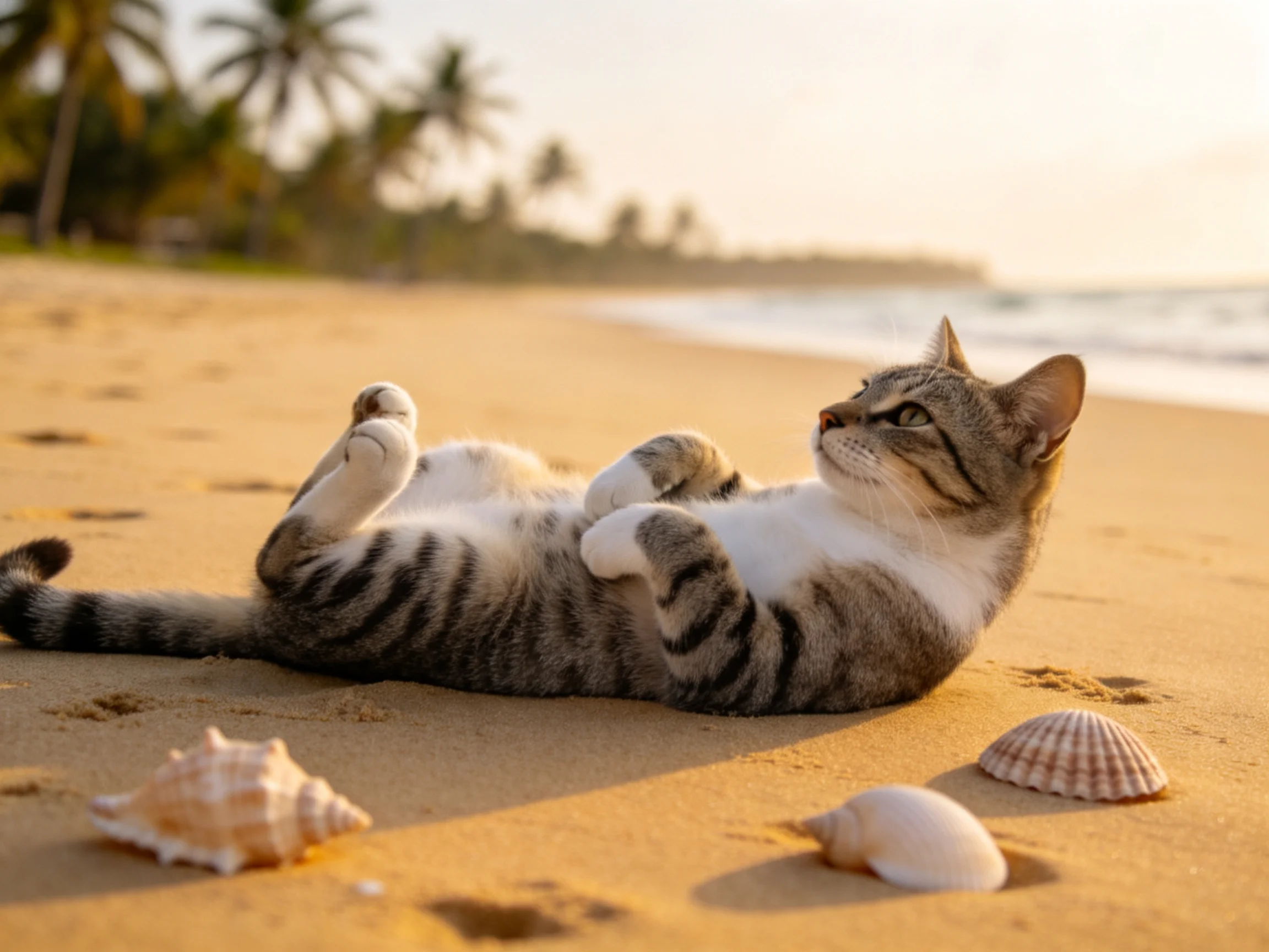 短毛虎斑猫仰躺在沙滩上,皮毛条纹清晰,周围环绕着不同形状的贝壳。