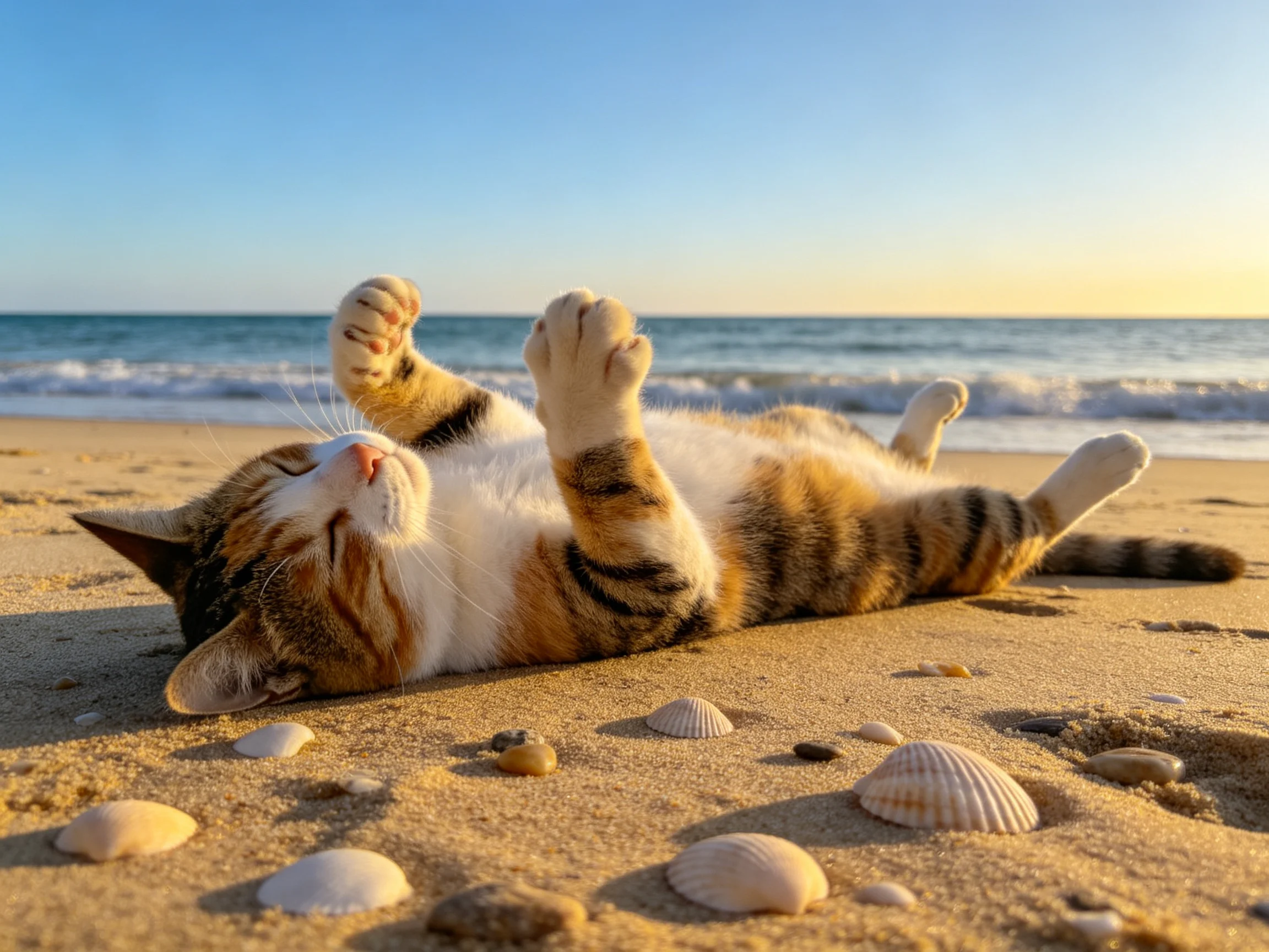短毛家猫仰卧在沙滩上,橙白相间的皮毛清晰可见,周围分布着不同大小的贝壳。