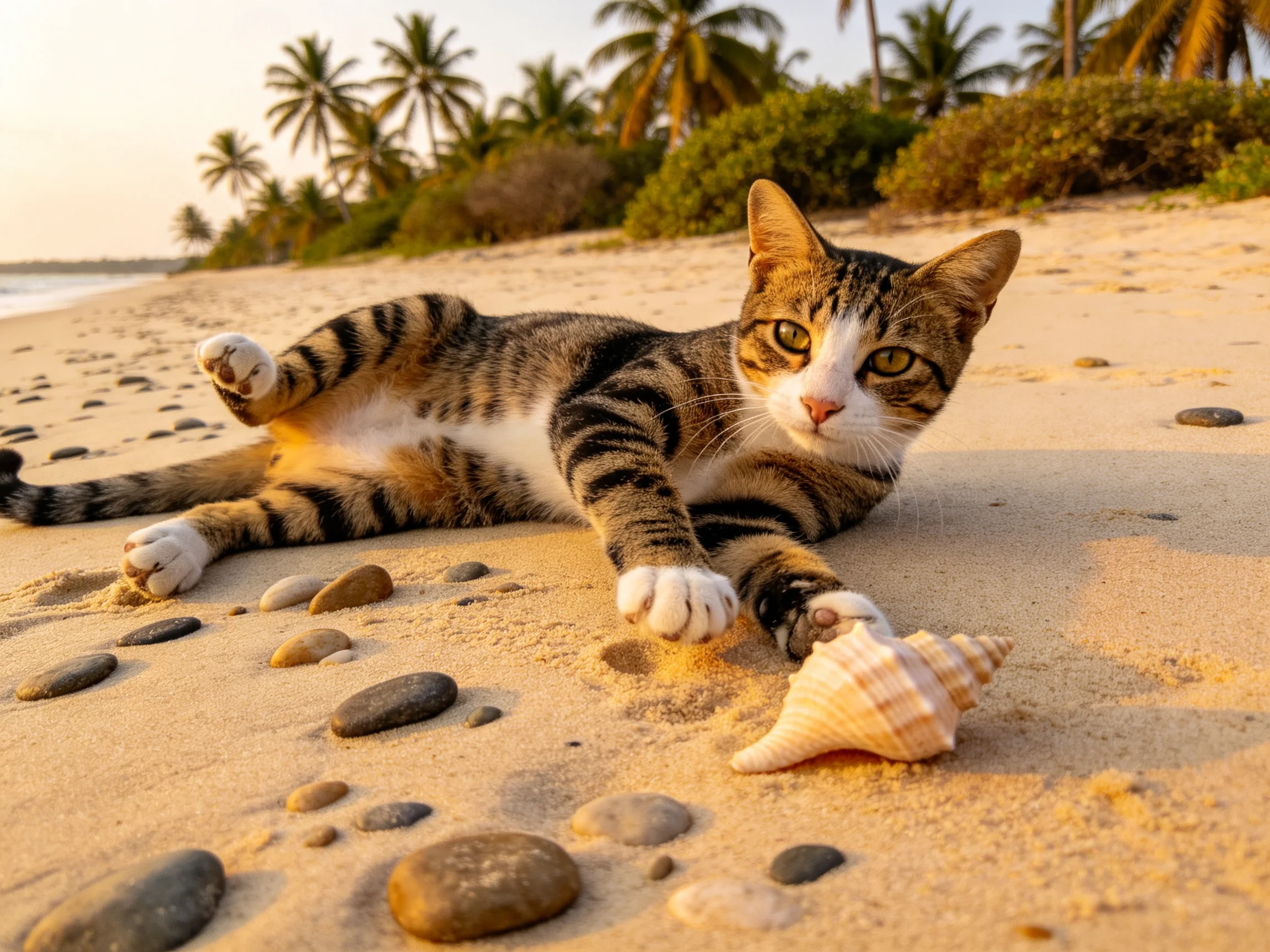 虎斑短毛家猫用前爪触碰沙滩上的贝壳,白色爪垫与虎斑花纹清晰可见。