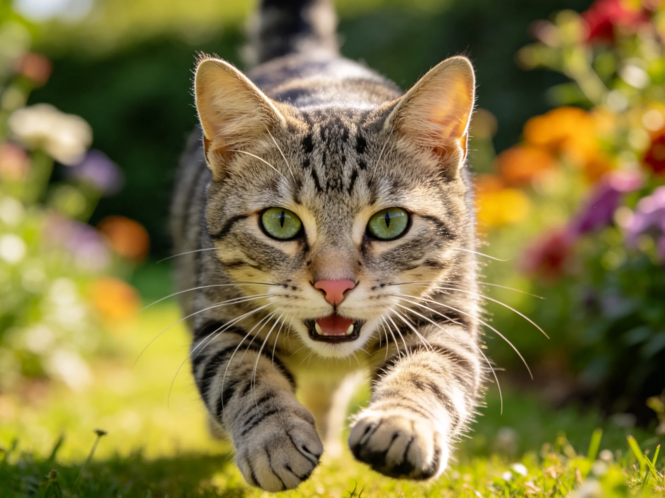 短毛虎斑猫有着明亮的绿色眼睛和带有黑色条纹的皮毛,正以奔跑的姿态出现在花园中。