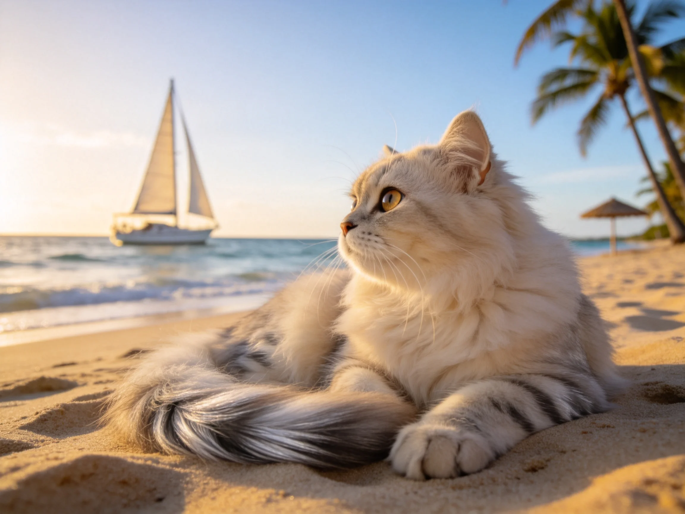 长毛虎斑猫安静趴在沙滩上，白色带灰纹的蓬松毛发柔软，眼睛明亮注视远方。