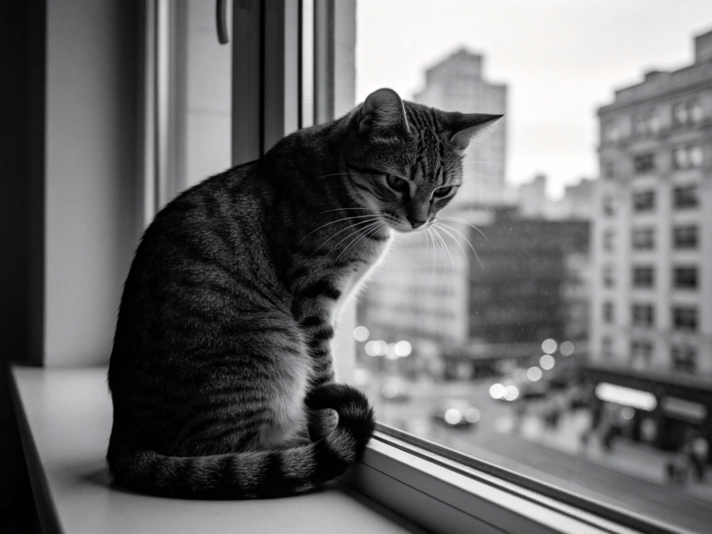 短毛虎斑猫安静地坐在窗台上,目光注视着窗外的城市景象,身上的虎斑纹理清晰可见。